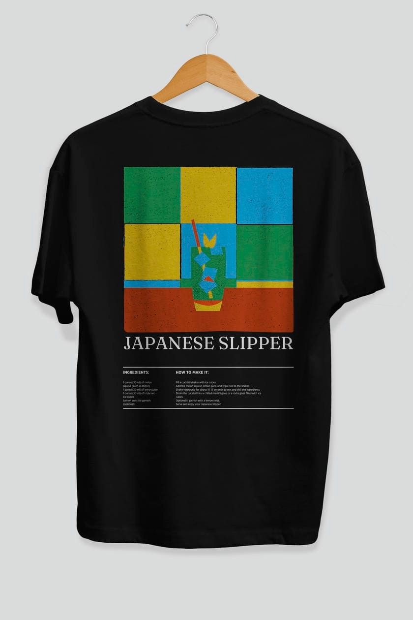 Japanese Slipper Kokteyl Serisi Arka Baskılı Oversize t-shirt Erkek Kadın %100 Pamuk Bisiklet Yaka tişort
