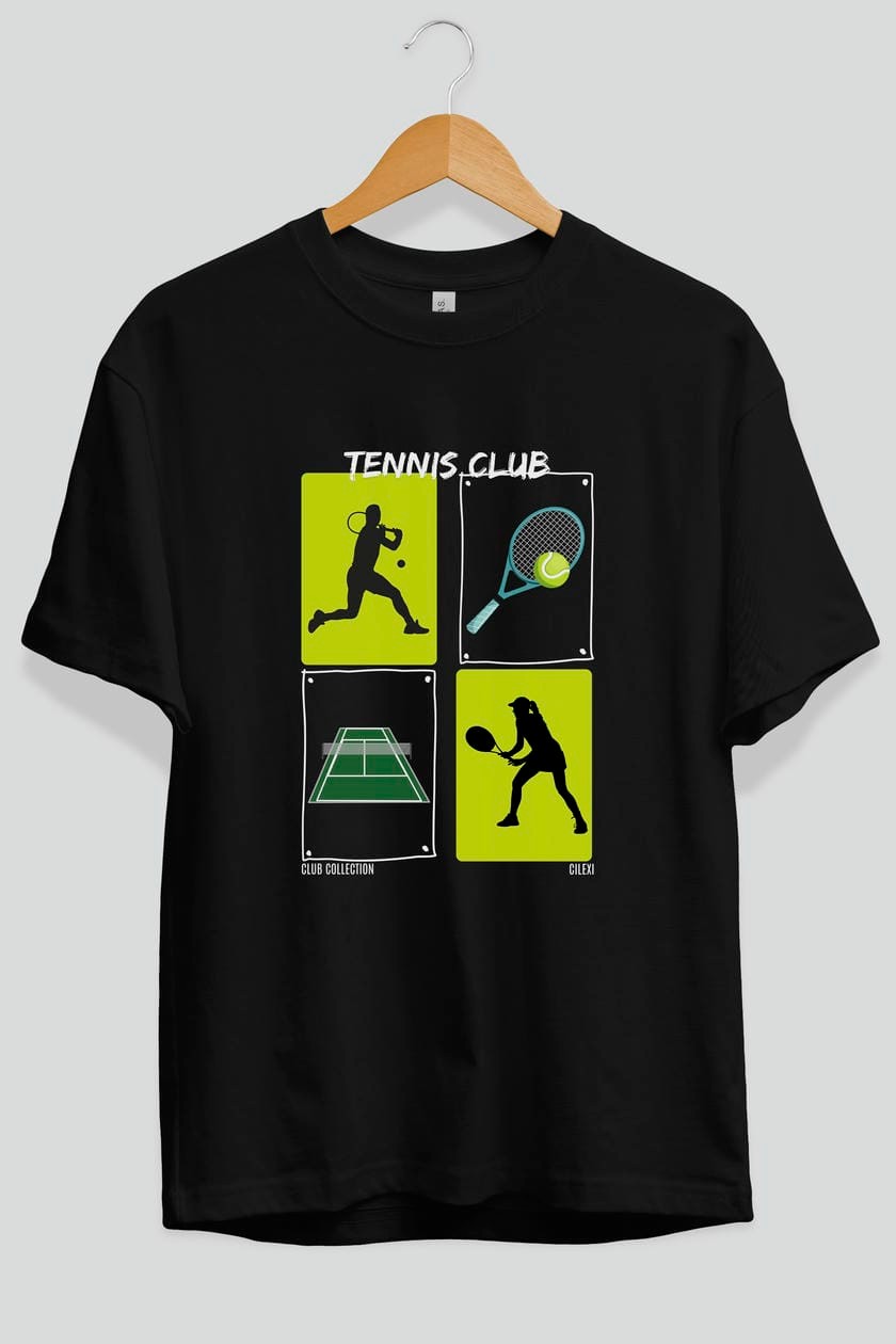 Tennis Club ön Baskılı Oversize t-shirt Erkek Kadın %100 Pamuk Bisiklet Yaka tişort