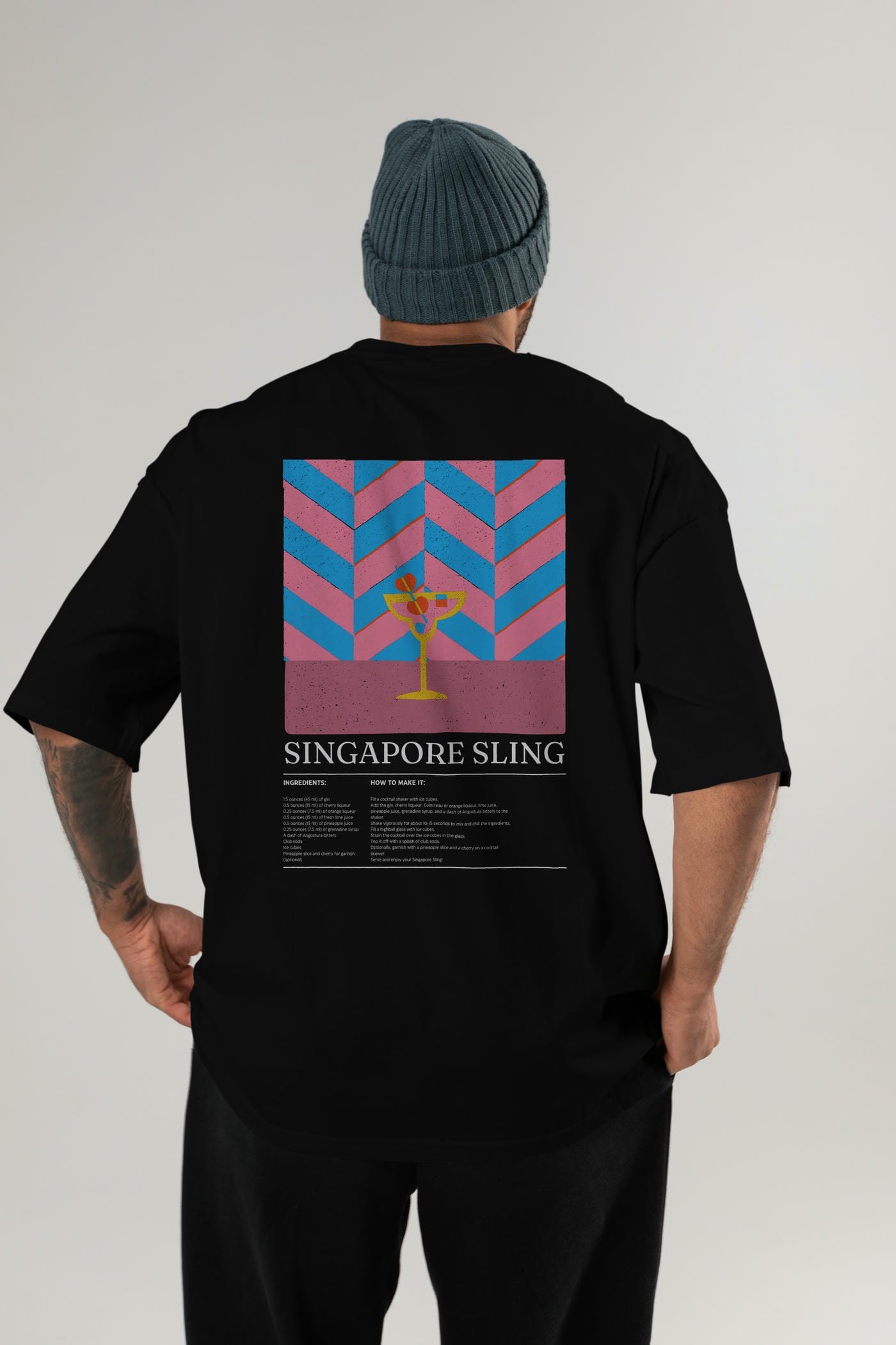 Singapore Sling Kokteyl Serisi Arka Baskılı Oversize t-shirt Erkek Kadın %100 Pamuk Bisiklet Yaka tişort