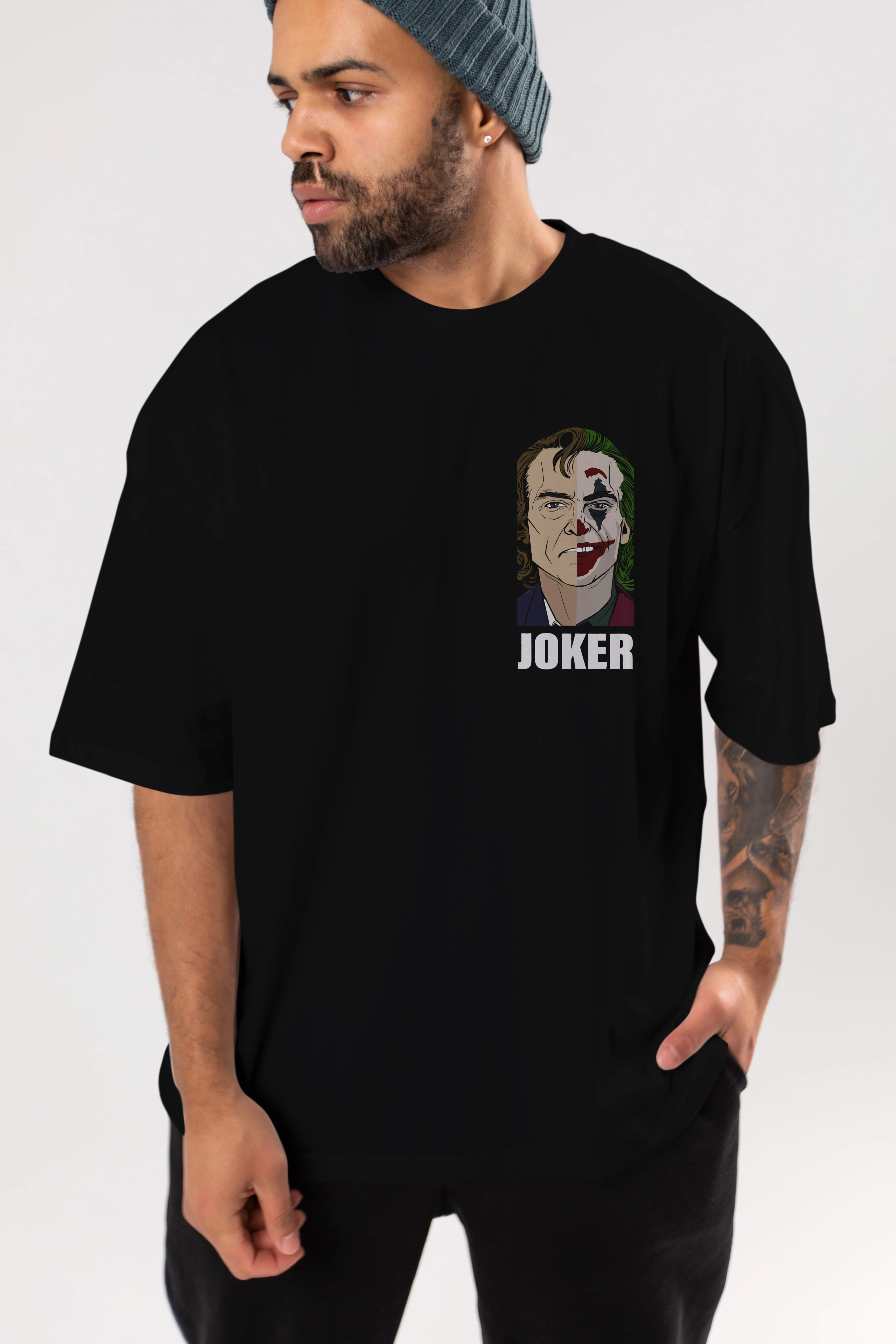 Joker (8) Ön Sol Baskılı Oversize t-shirt Erkek Kadın Unisex %100 Pamuk Bisiklet Yaka tişort