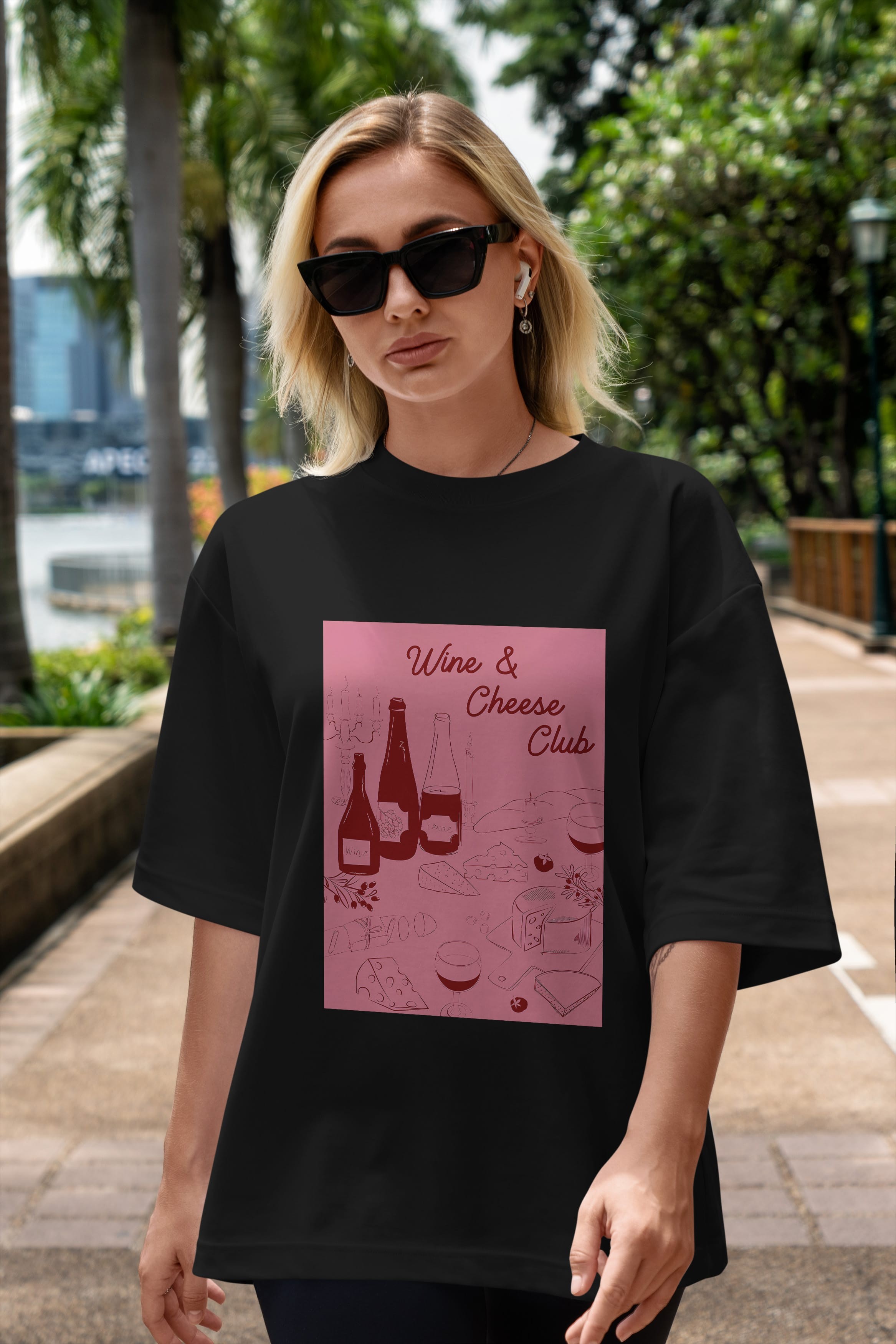 Wine Cheese Club Ön Baskılı Oversize t-shirt Erkek Kadın Unisex %100 Pamuk Bisiklet Yaka tişort