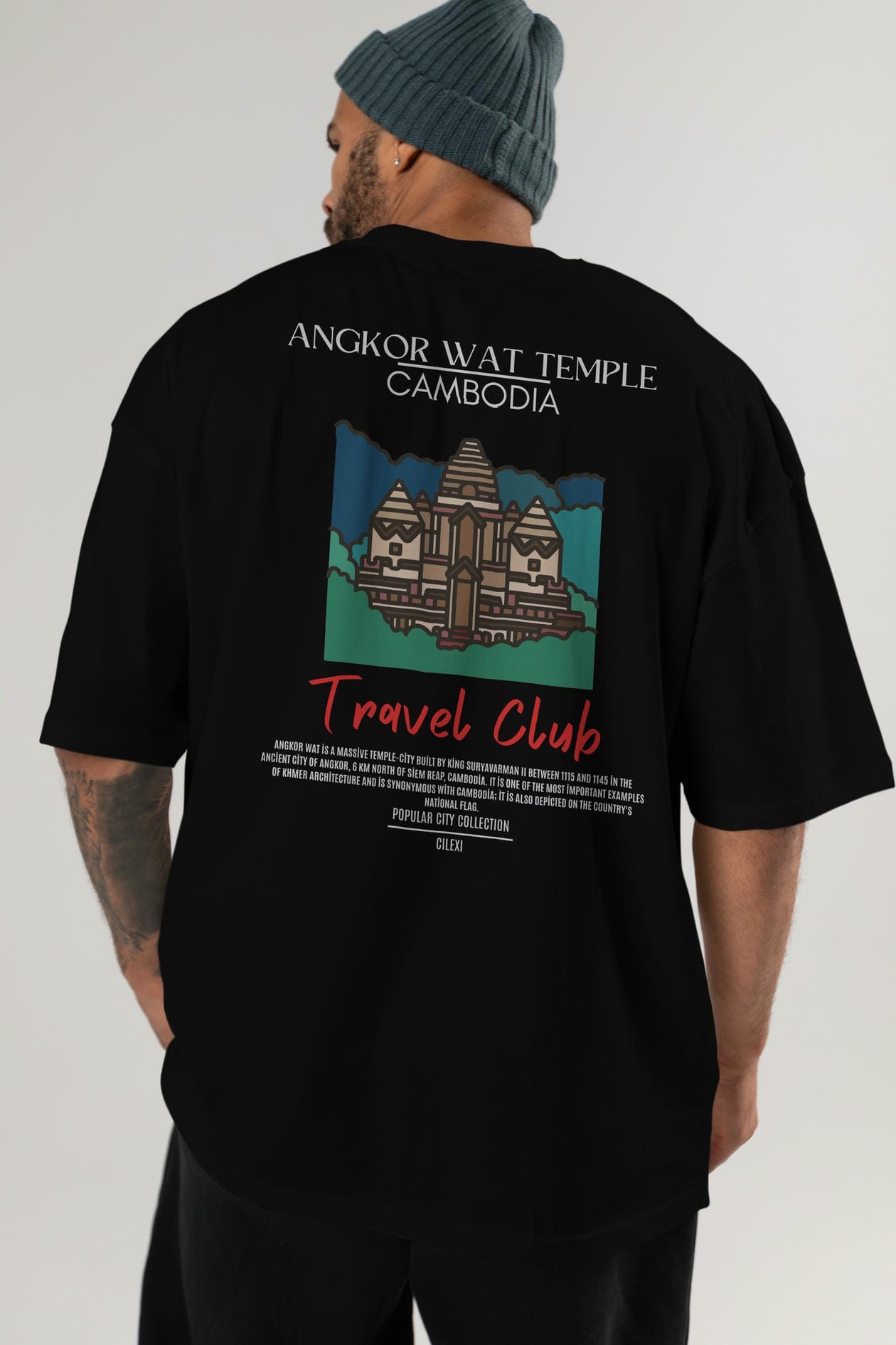 Angkor Wat Temple Cambodia Arka Baskılı Oversize t-shirt Erkek Kadın Pamuk Bisiklet Yaka tişort