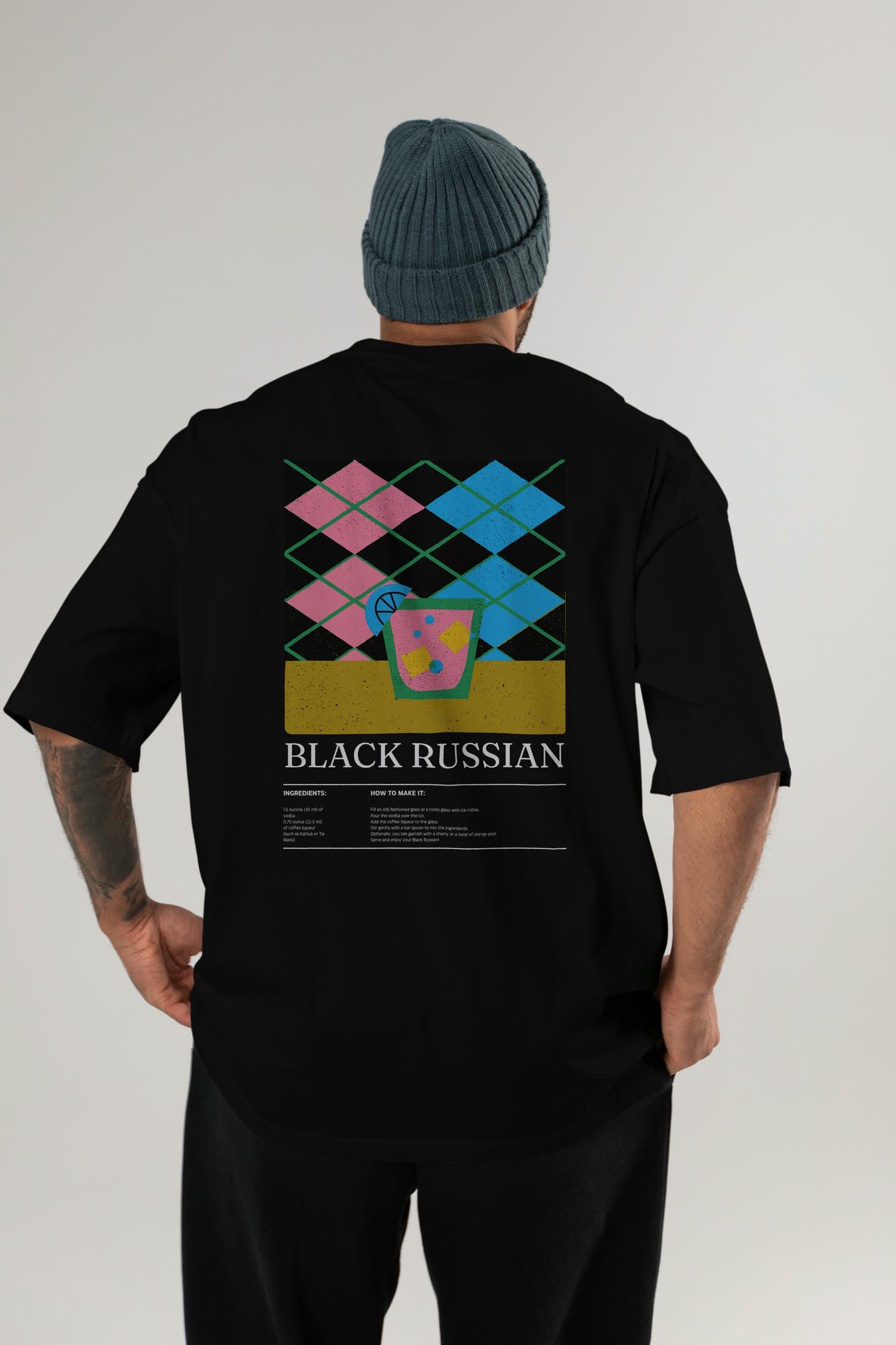 Black Russian Kokteyl Serisi Arka Baskılı Oversize t-shirt Erkek Kadın %100 Pamuk Bisiklet Yaka tişort