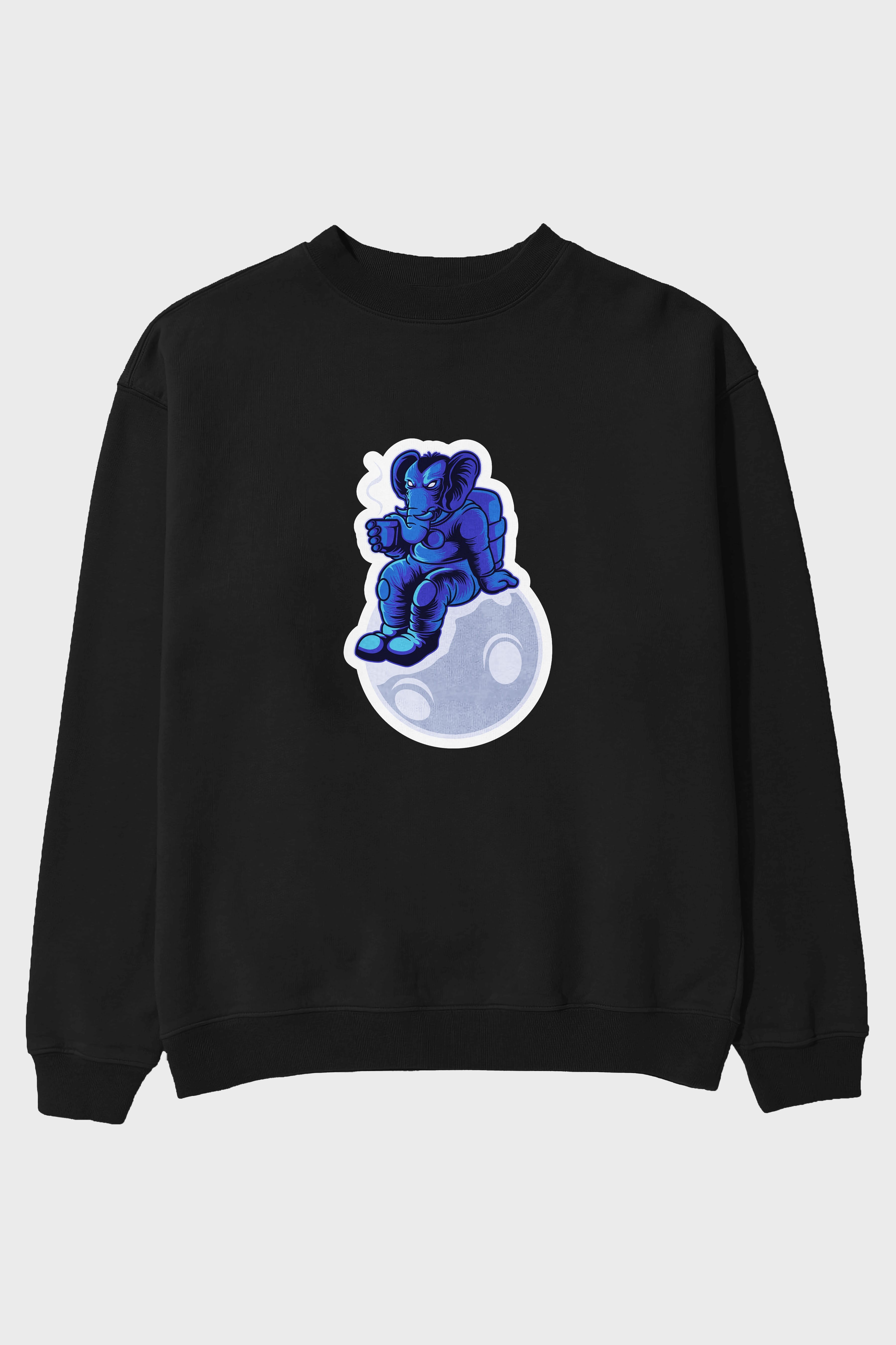 Space Elephant Drink Coffee Sticker Ön Baskılı Oversize Sweatshirt Erkek Kadın Unisex