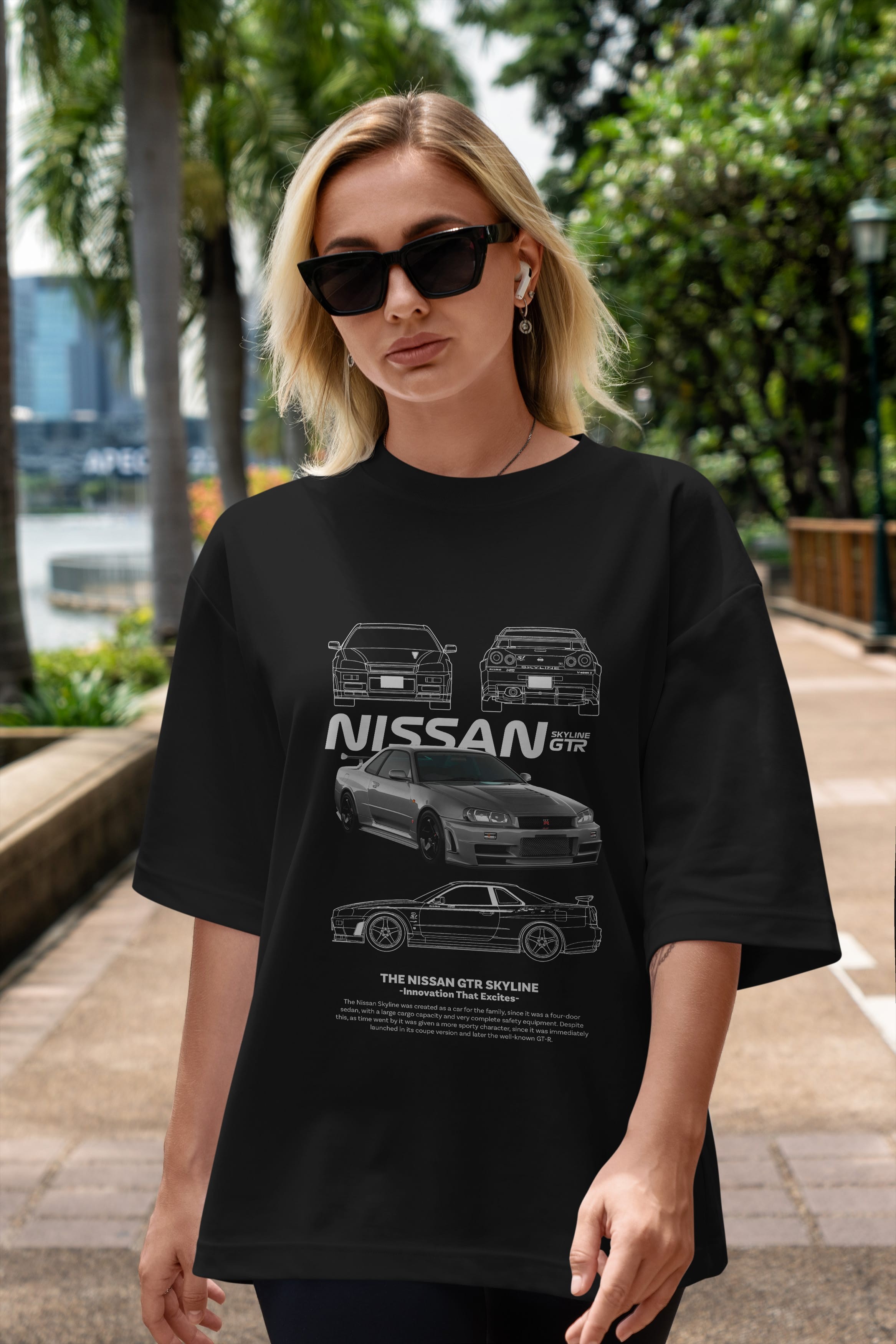 NISSAN SKYLINE GTR Ön Baskılı Oversize t-shirt Erkek Kadın Unisex %100 Pamuk Bisiklet Yaka tişort