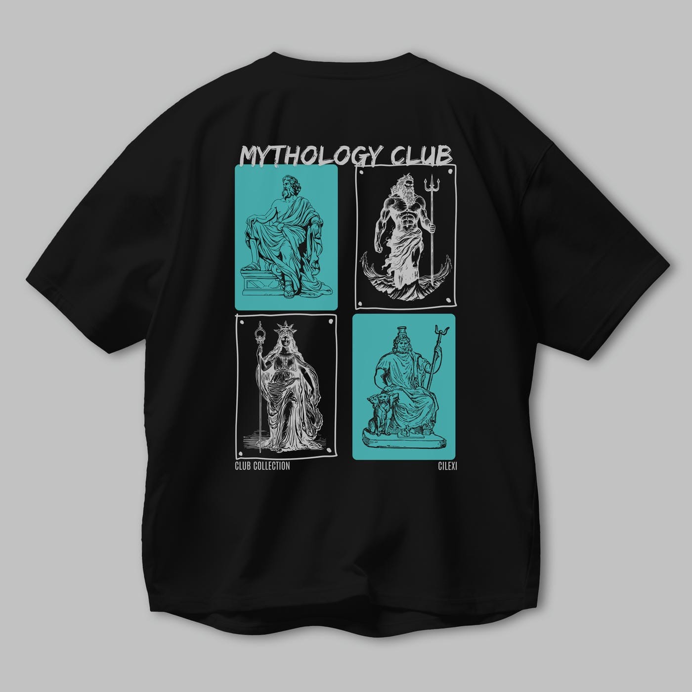 Mythology Club Arka Baskılı Oversize t-shirt Erkek Kadın %100 Pamuk Bisiklet Yaka tişort
