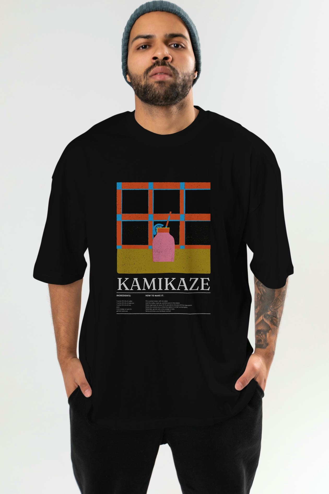 Kamikaze Kokteyl Ön Baskılı Oversize t-shirt Erkek Kadın %100 Pamuk Bisiklet Yaka tişort