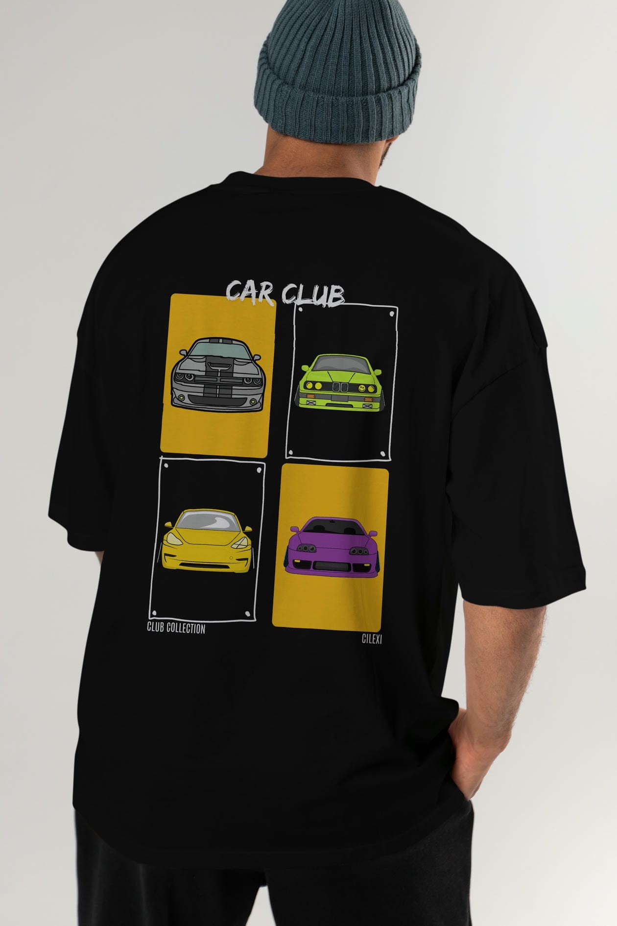Car Club Arka Baskılı Oversize t-shirt Erkek Kadın %100 Pamuk Bisiklet Yaka tişort