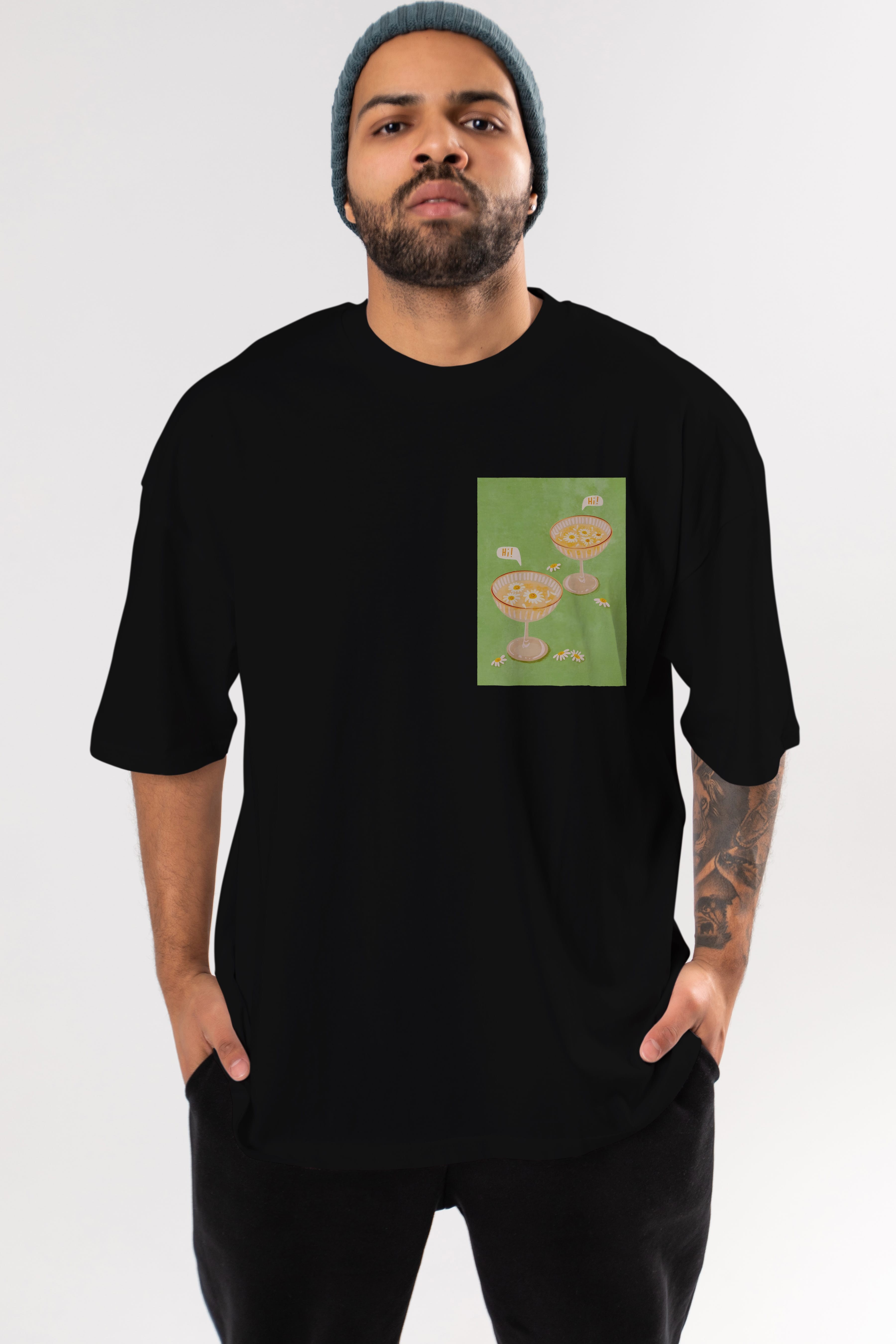 Hi Cheers Ön Sol Baskılı Oversize t-shirt Erkek Kadın Unisex %100 Pamuk Bisiklet Yaka tişort