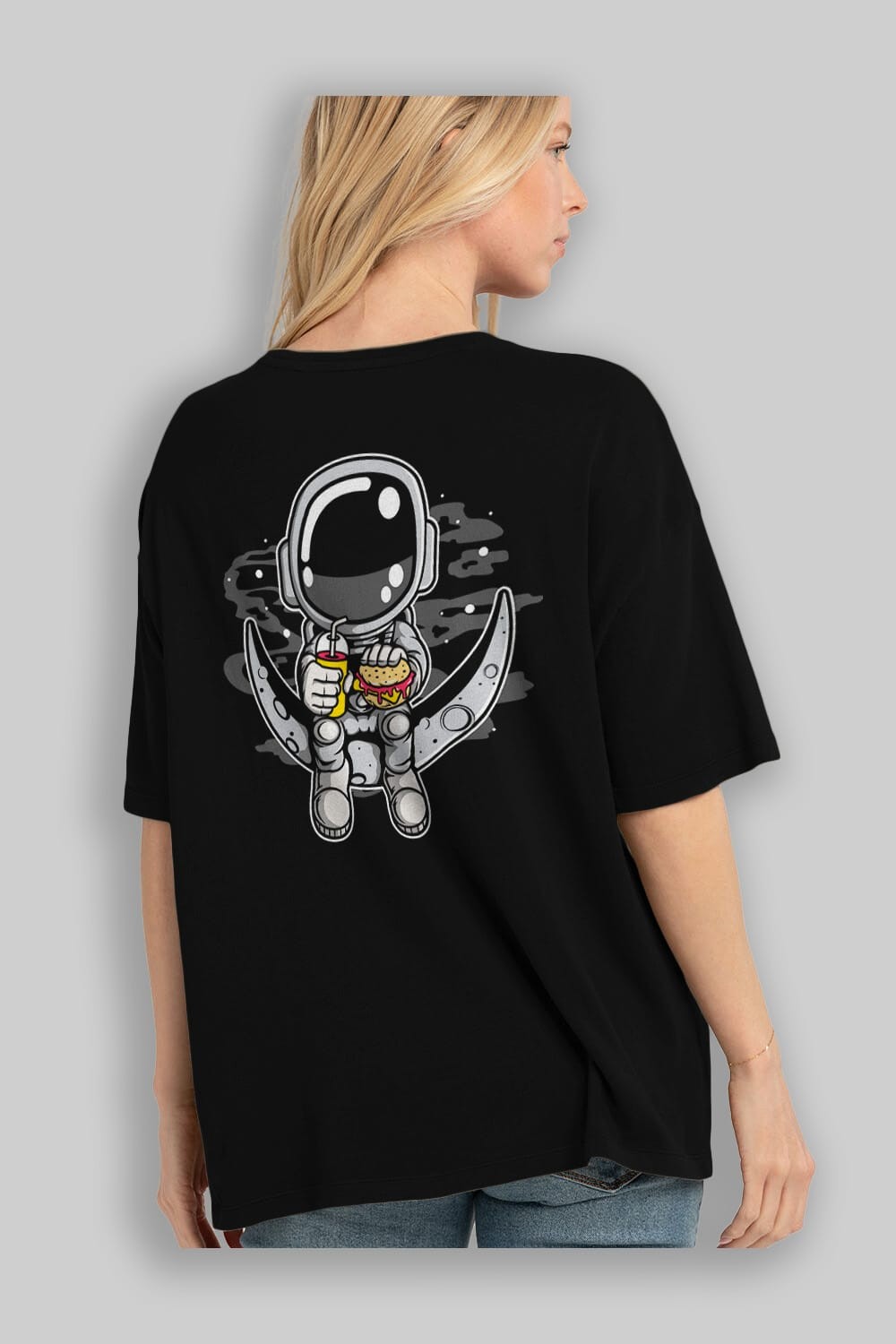 Astronaut Crescent Arka Baskılı Oversize t-shirt Erkek Kadın Unisex