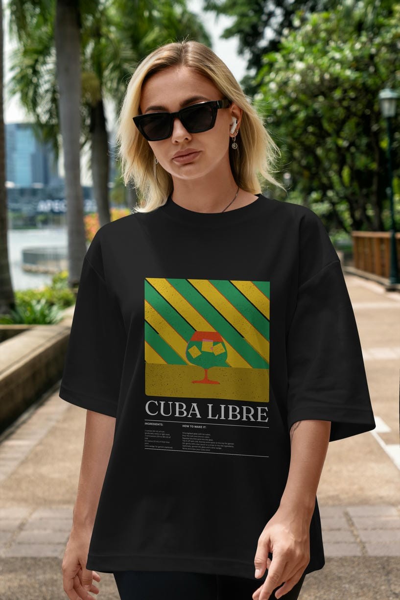 Cuba Libre Kokteyl Ön Baskılı Oversize t-shirt Erkek Kadın %100 Pamuk Bisiklet Yaka tişort