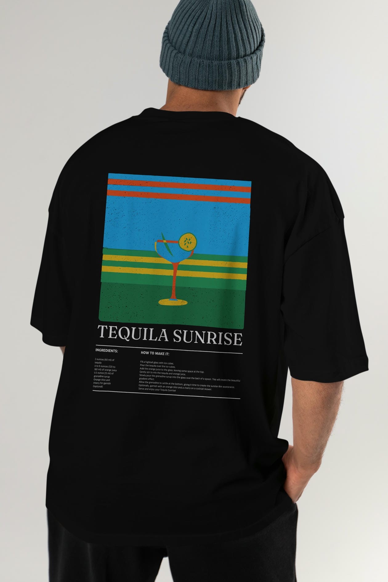 Tequila Sunrise Kokteyl Serisi Arka Baskılı Oversize t-shirt Erkek Kadın %100 Pamuk Bisiklet Yaka tişort