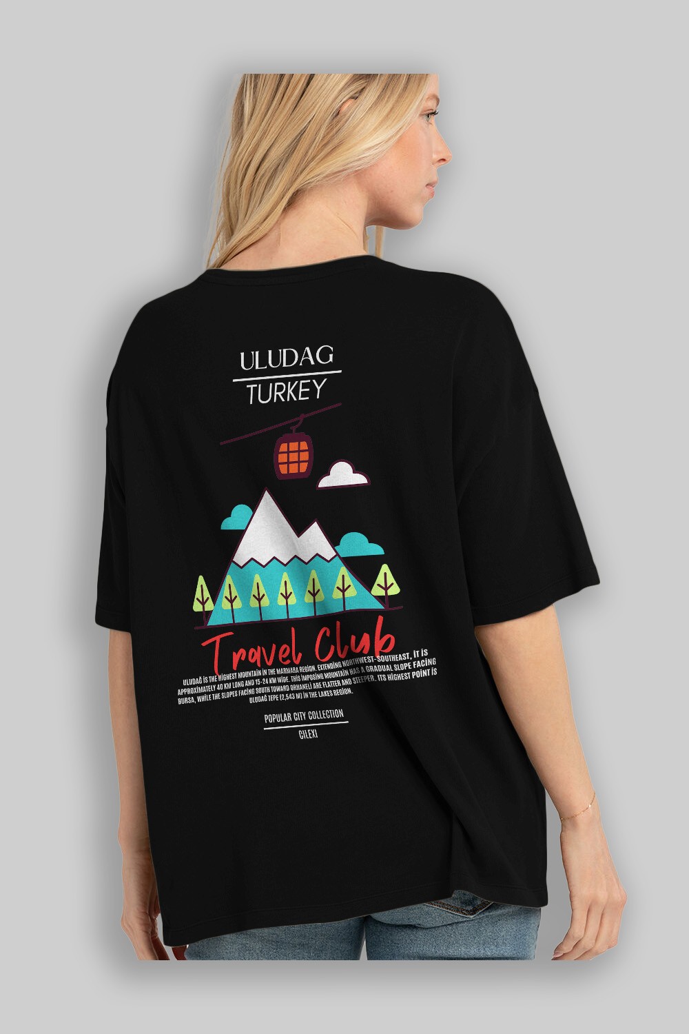 Uludağ Turkey Arka Baskılı Oversize t-shirt Erkek Kadın Pamuk Bisiklet Yaka tişort