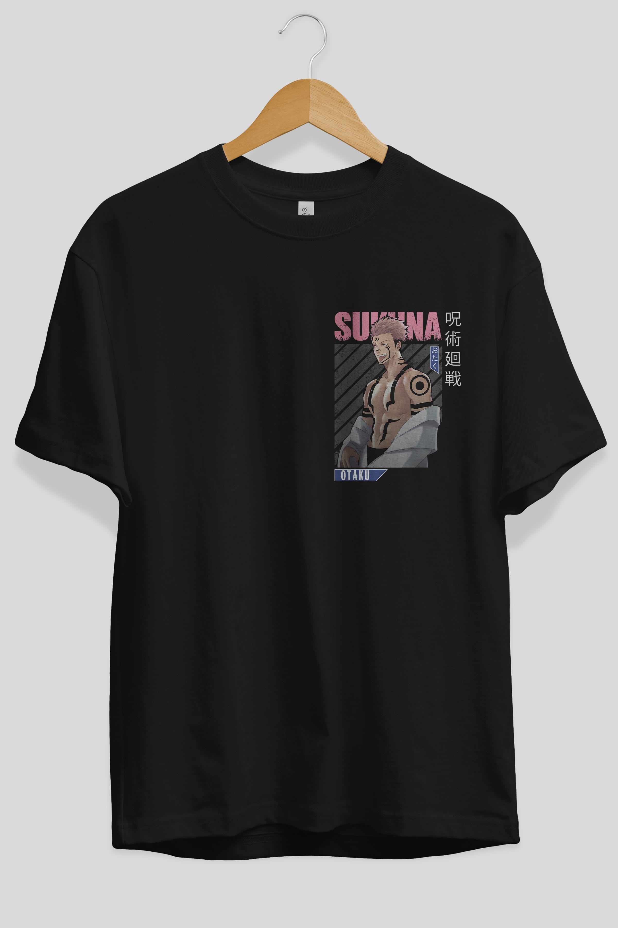 Sukuna Ryoumen Ön Sol Baskılı Oversize t-shirt Erkek Kadın Unisex %100 Pamuk Bisiklet Yaka tişort