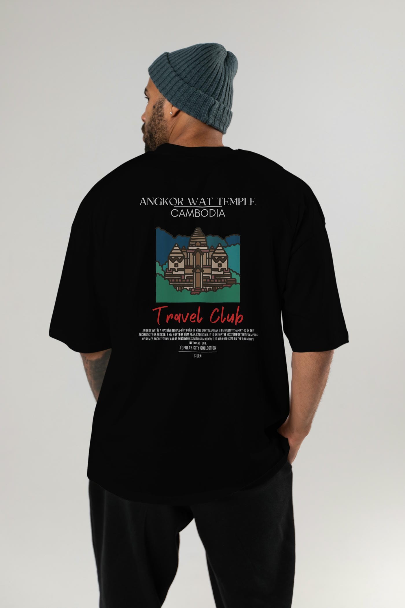 Angkor Wat Temple Cambodia Arka Baskılı Oversize t-shirt Erkek Kadın Pamuk Bisiklet Yaka tişort