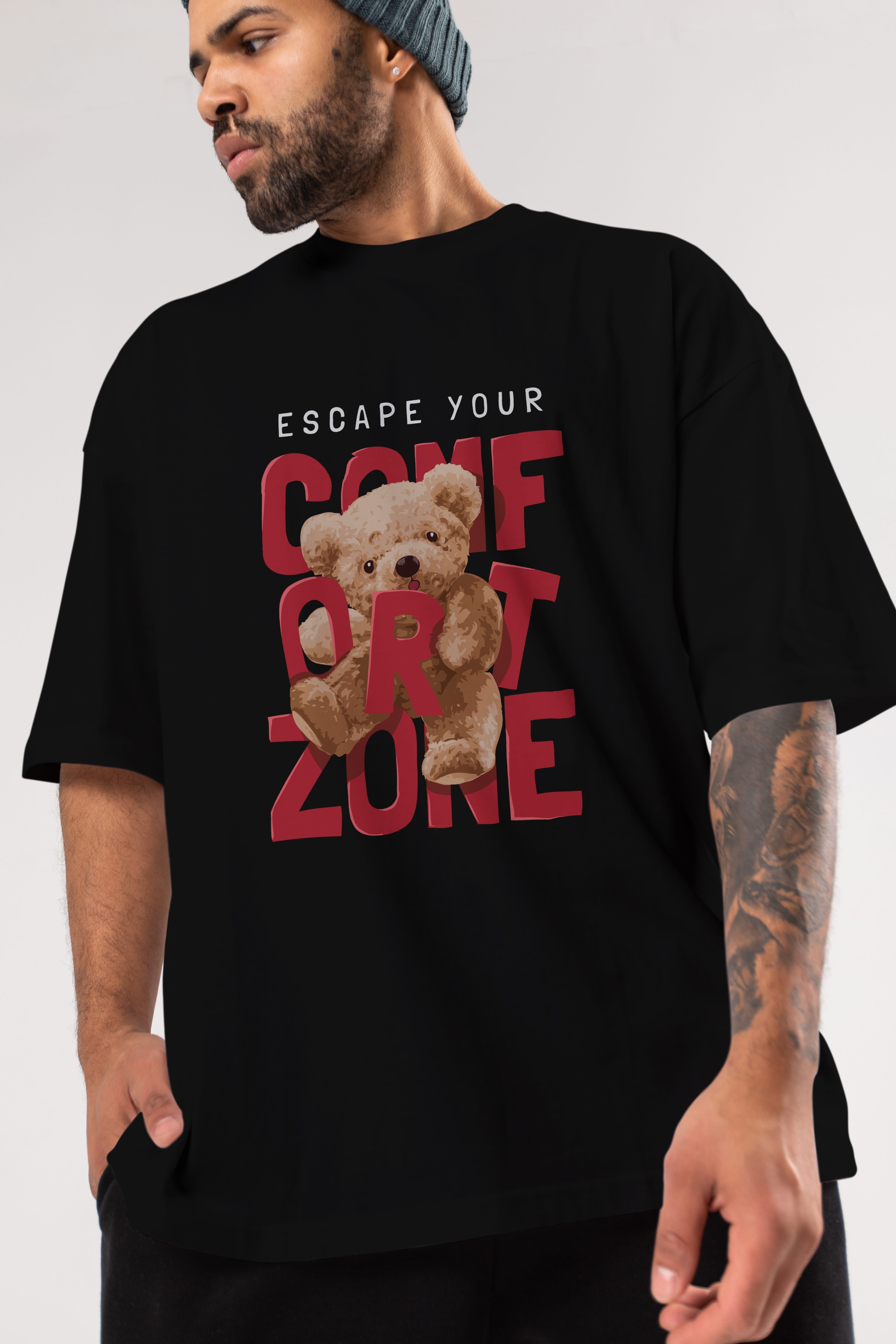 Teddy Bear Escape Comfort Zone Ön Baskılı Oversize t-shirt Erkek Kadın Unisex %100 Pamuk