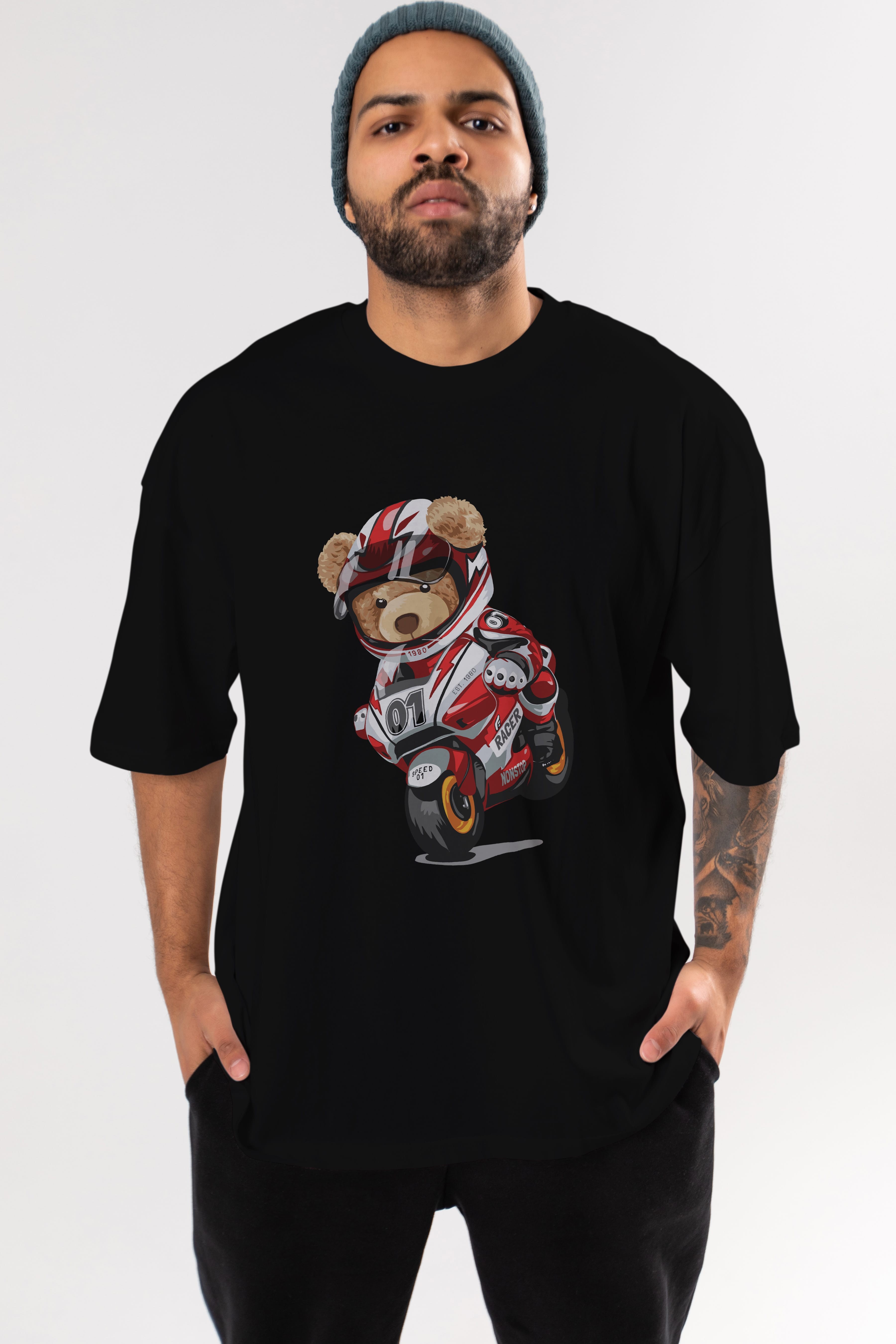 Teddy Bear Racer Ön Baskılı Oversize t-shirt Erkek Kadın Unisex %100 Pamuk