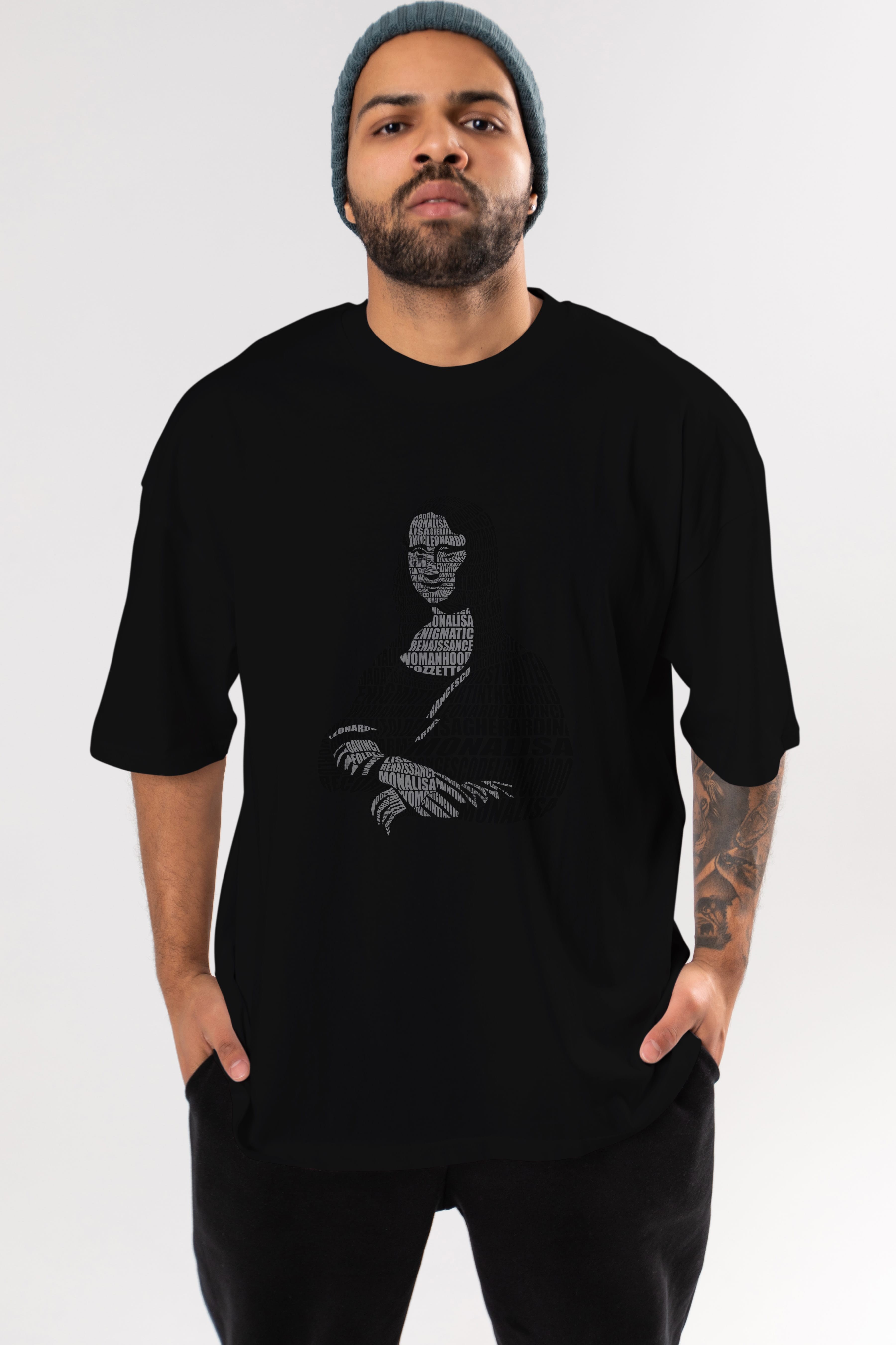 Mona Lisa Calligram Ön Baskılı Oversize t-shirt %100 pamuk Erkek Kadın Unisex