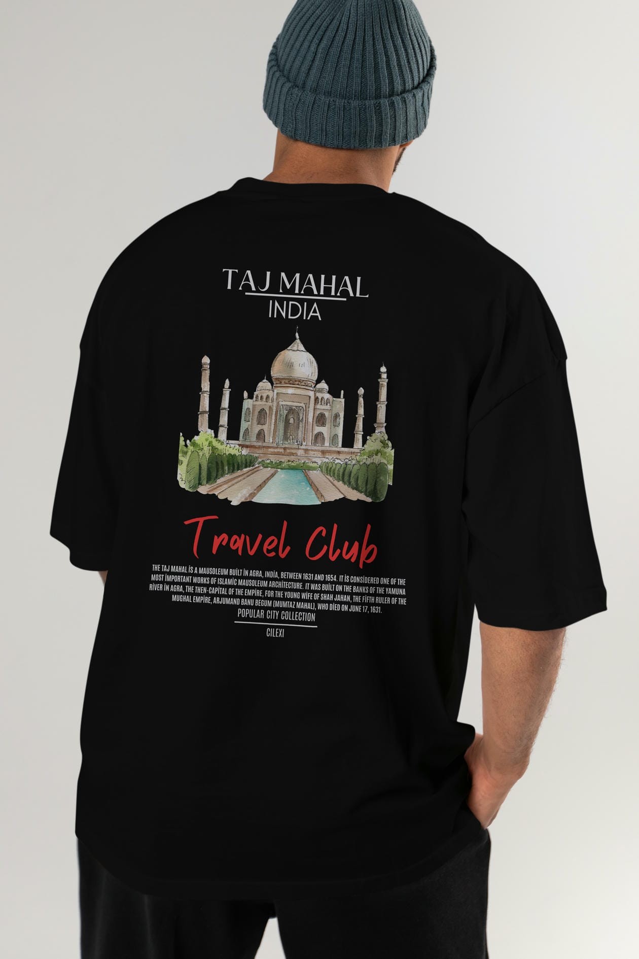 Taj Mahal İndia Arka Baskılı Oversize t-shirt Erkek Kadın Pamuk Bisiklet Yaka tişort