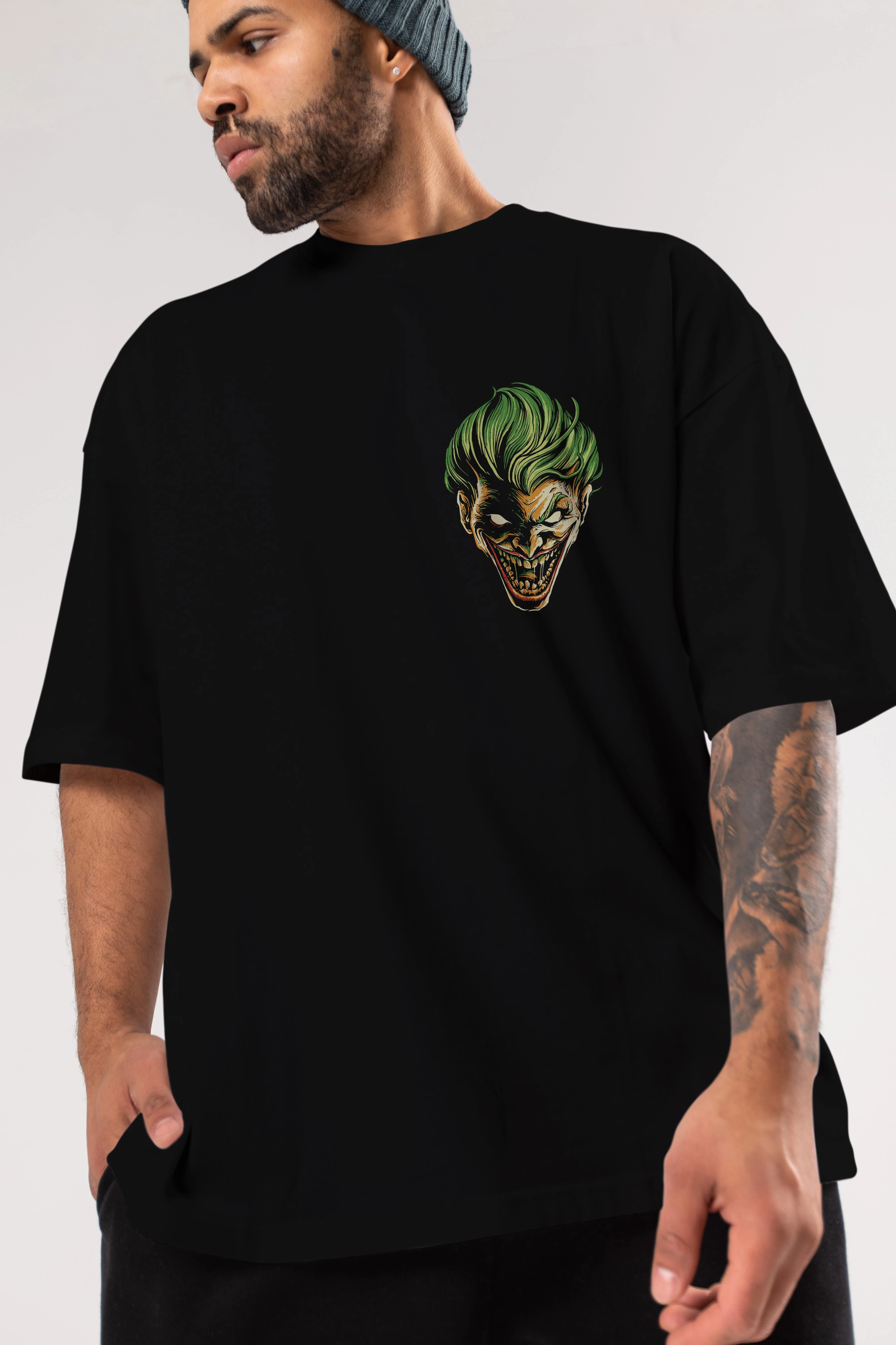 Joker (3) Ön Sol Baskılı Oversize t-shirt Erkek Kadın Unisex %100 Pamuk Bisiklet Yaka tişort