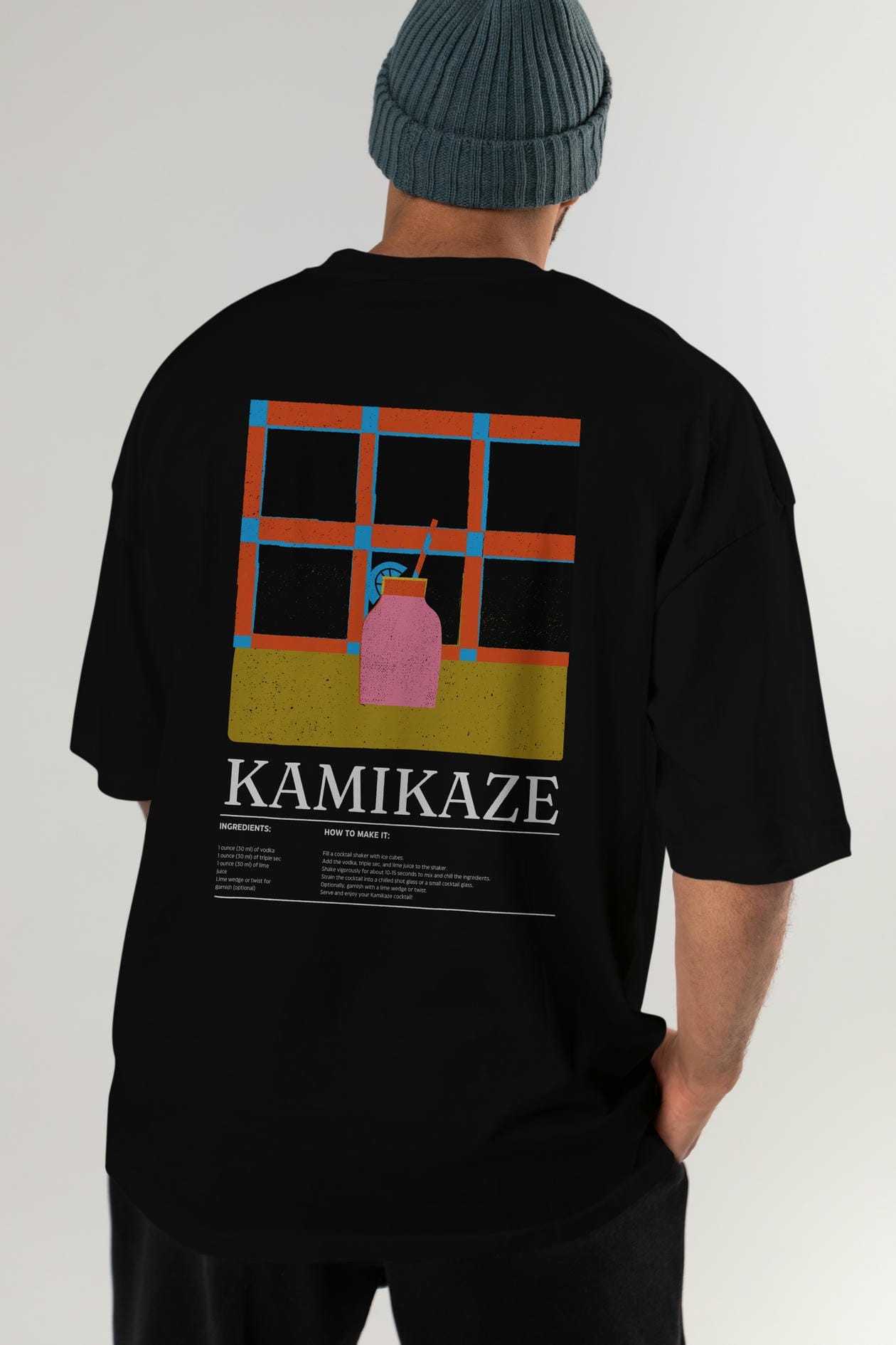 Kamikaze Kokteyl Serisi Arka Baskılı Oversize t-shirt Erkek Kadın %100 Pamuk Bisiklet Yaka tişort