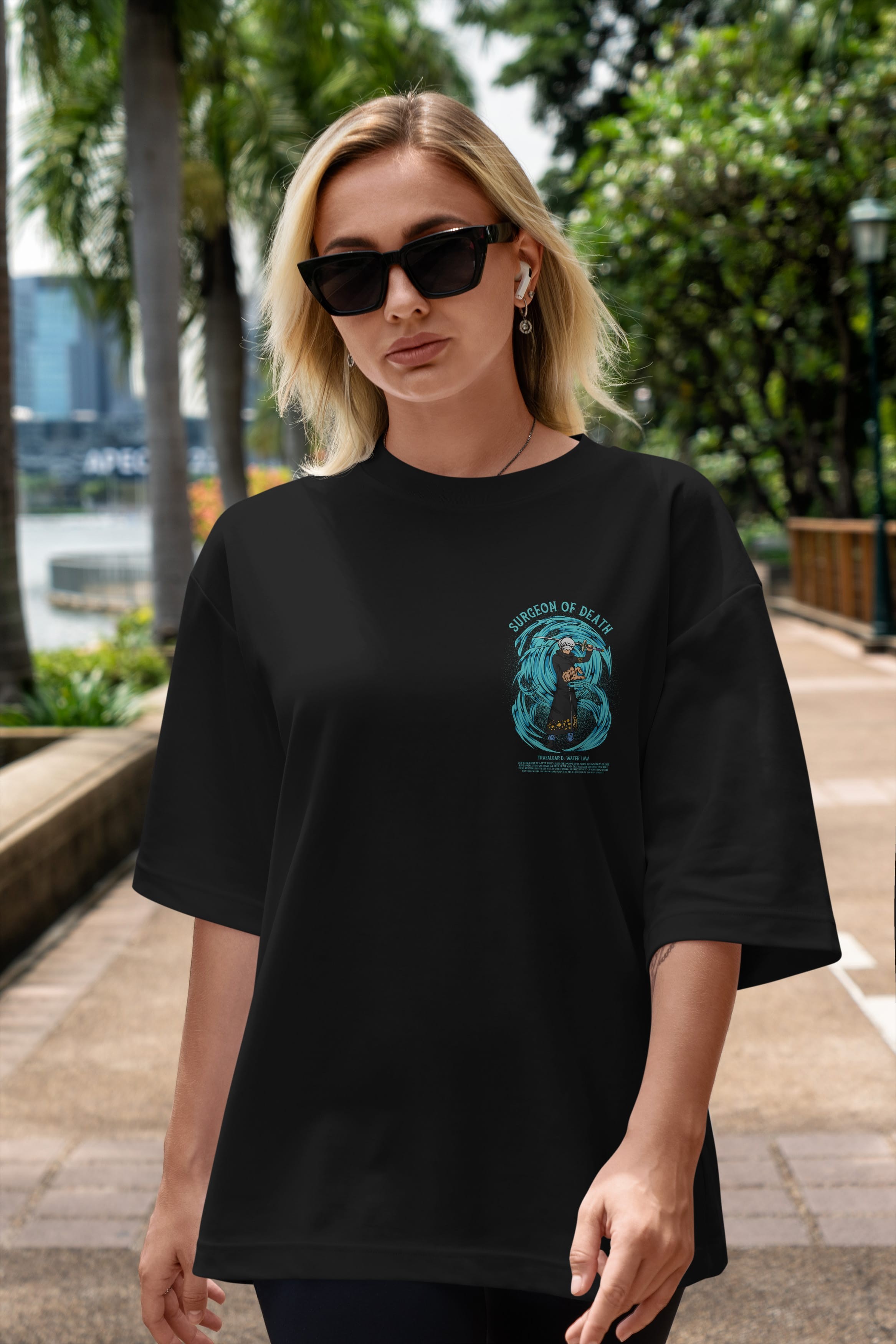 Trafalgad D. Water Law Ön Sol Baskılı Oversize t-shirt Erkek Kadın Unisex %100 Pamuk Bisiklet Yaka tişort