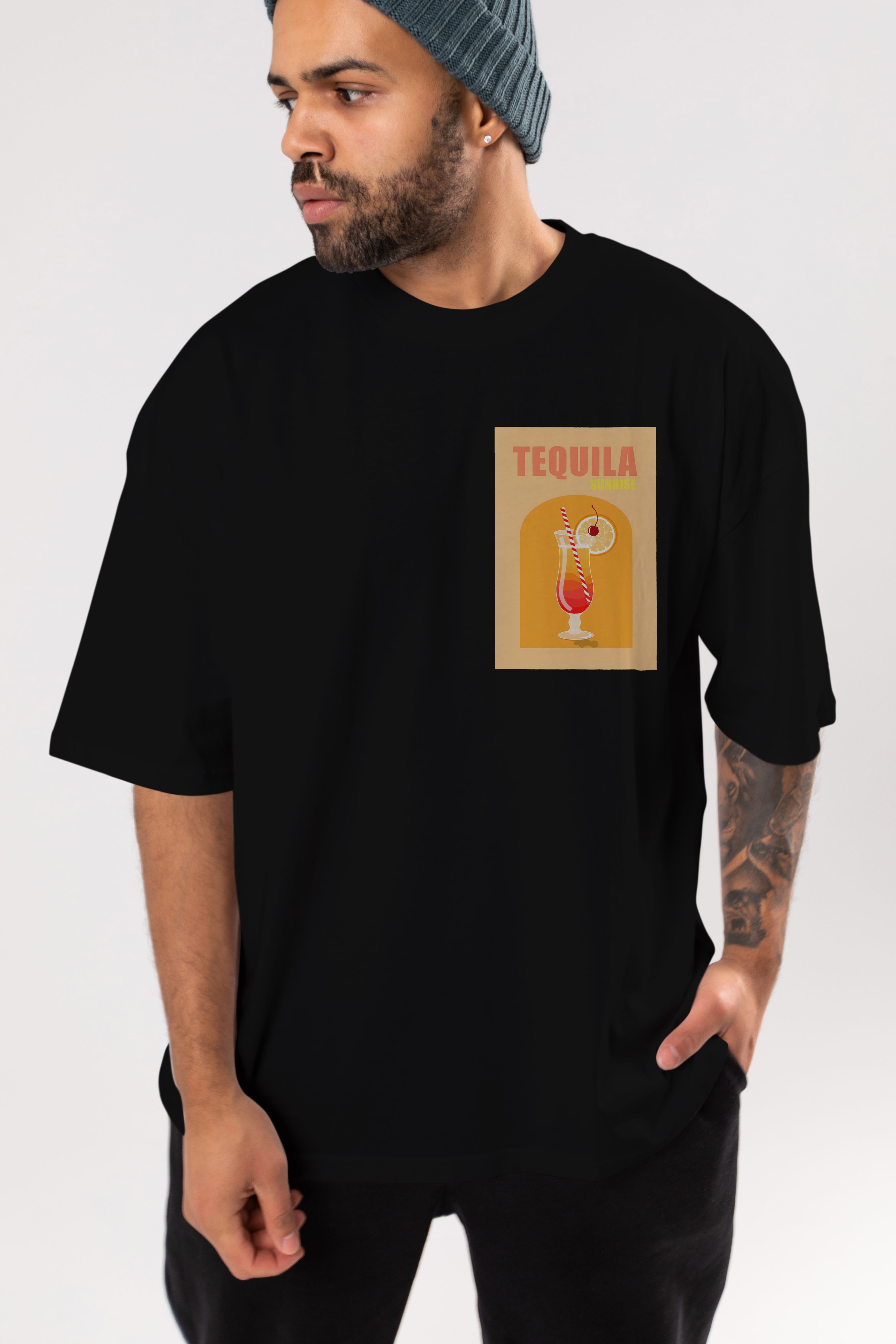 Tequila Sunrise Ön Sol Baskılı Oversize t-shirt Erkek Kadın Unisex %100 Pamuk Bisiklet Yaka tişort