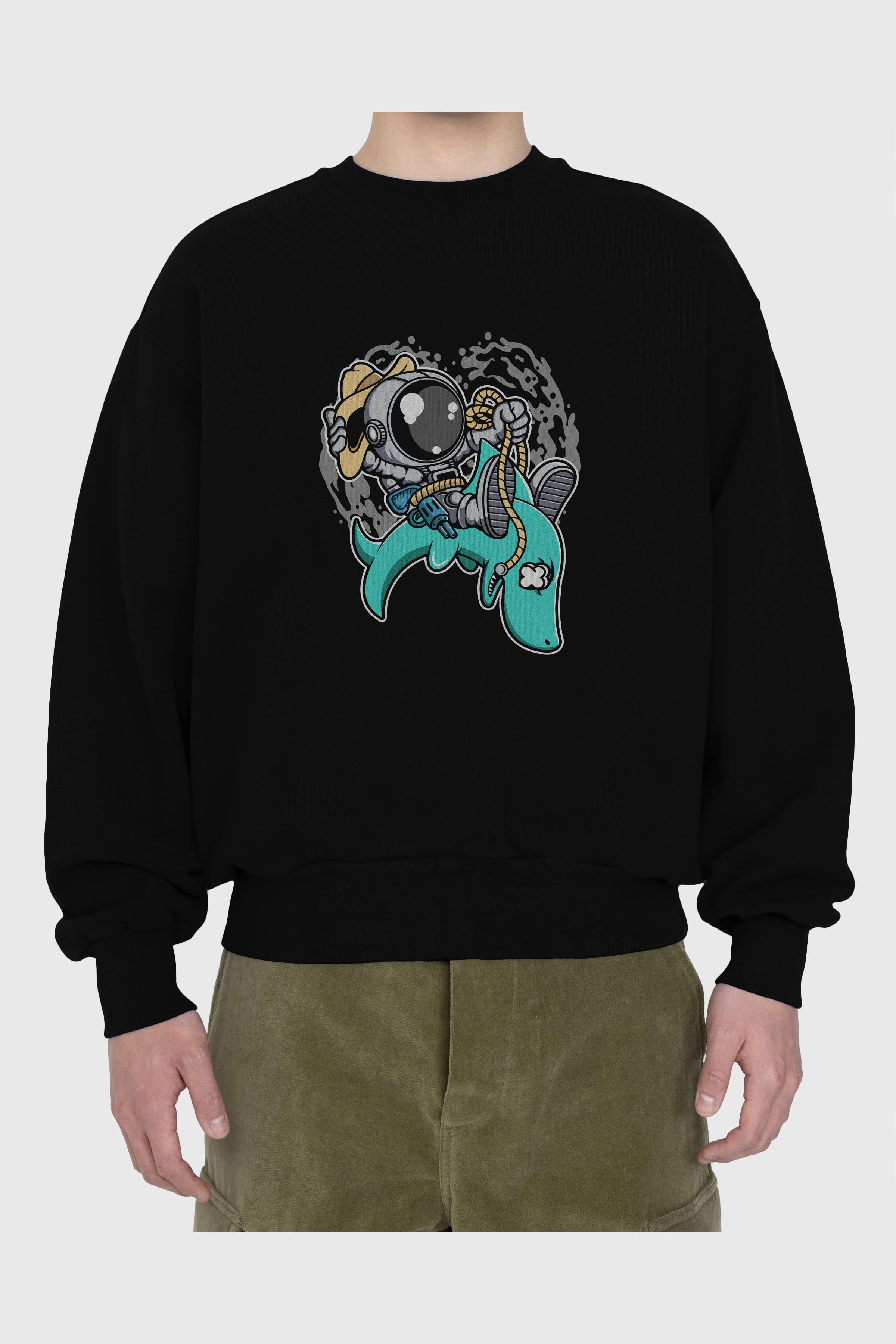 Astronaut Riding Shark Ön Baskılı Oversize Sweatshirt Erkek Kadın Unisex