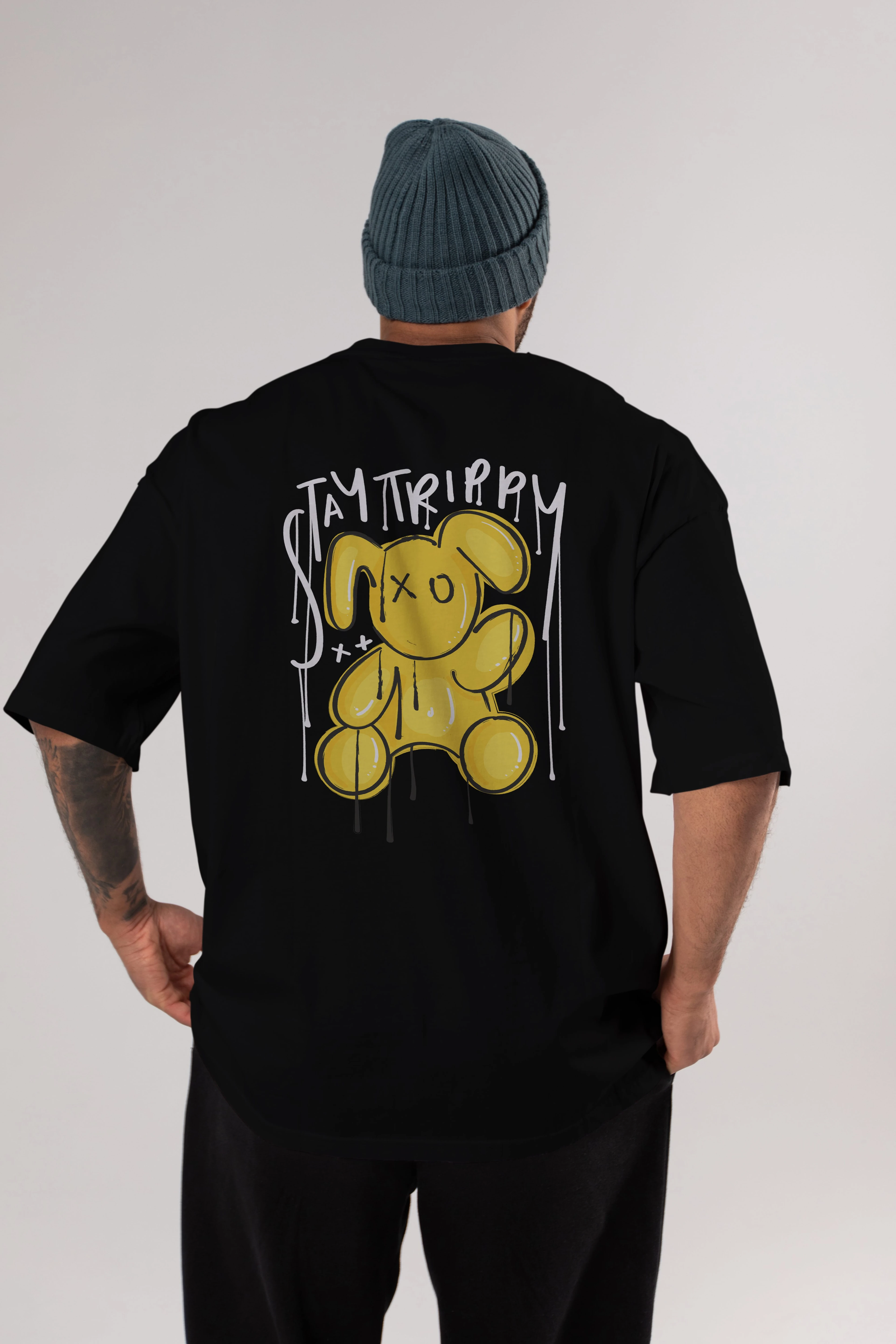 Stay Trippy Bear Arka Baskılı Oversize t-shirt Erkek Kadın Unisex