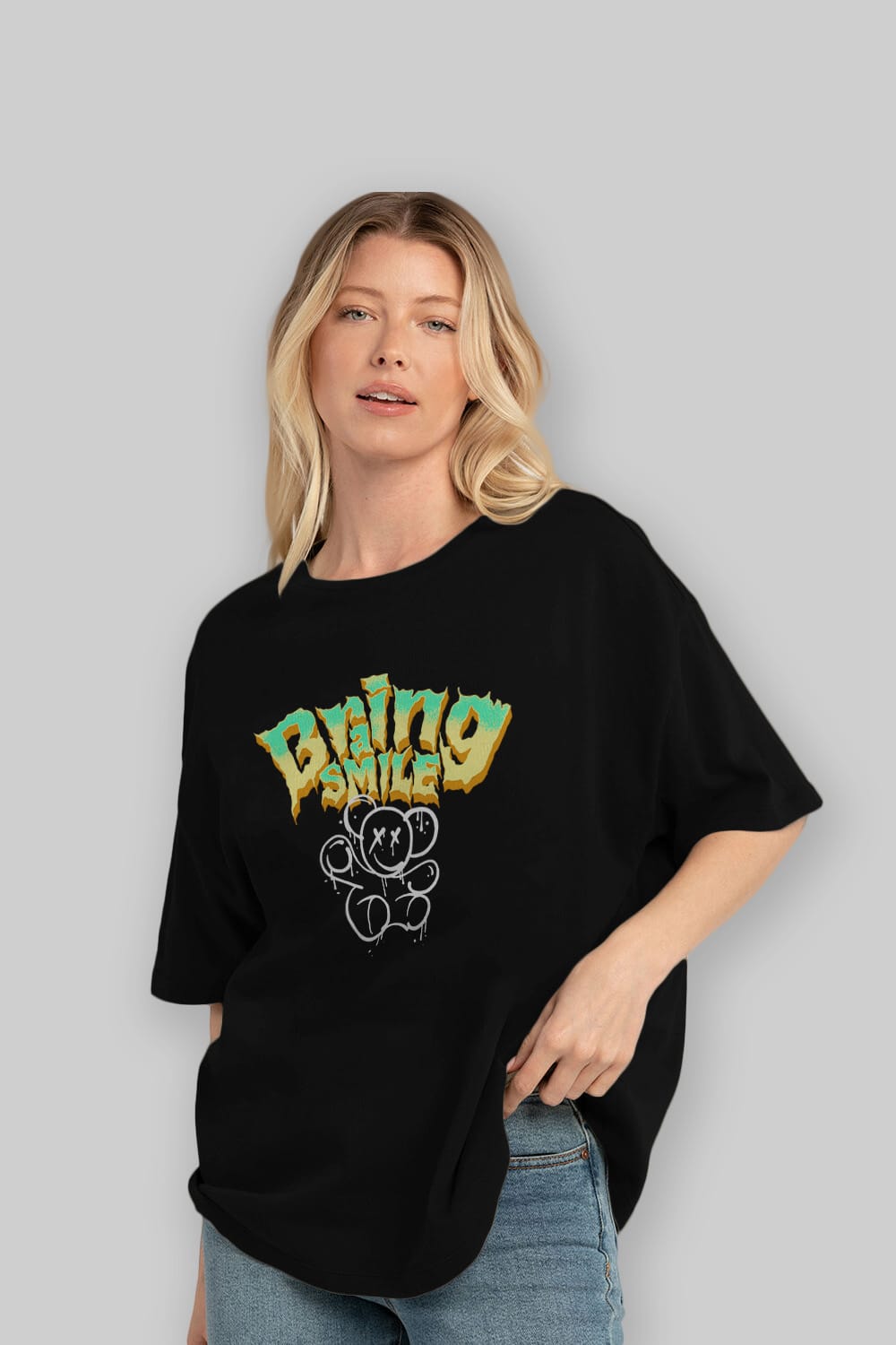 Teddy Bear Braing Smile Ön Baskılı Oversize t-shirt Erkek Kadın Unisex