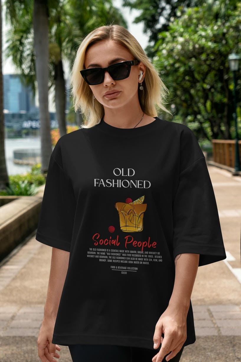 Old Fashıoned Kokteyl Serisi ön Baskılı Oversize t-shirt Erkek Kadın %100 Pamuk Bisiklet Yaka tişort