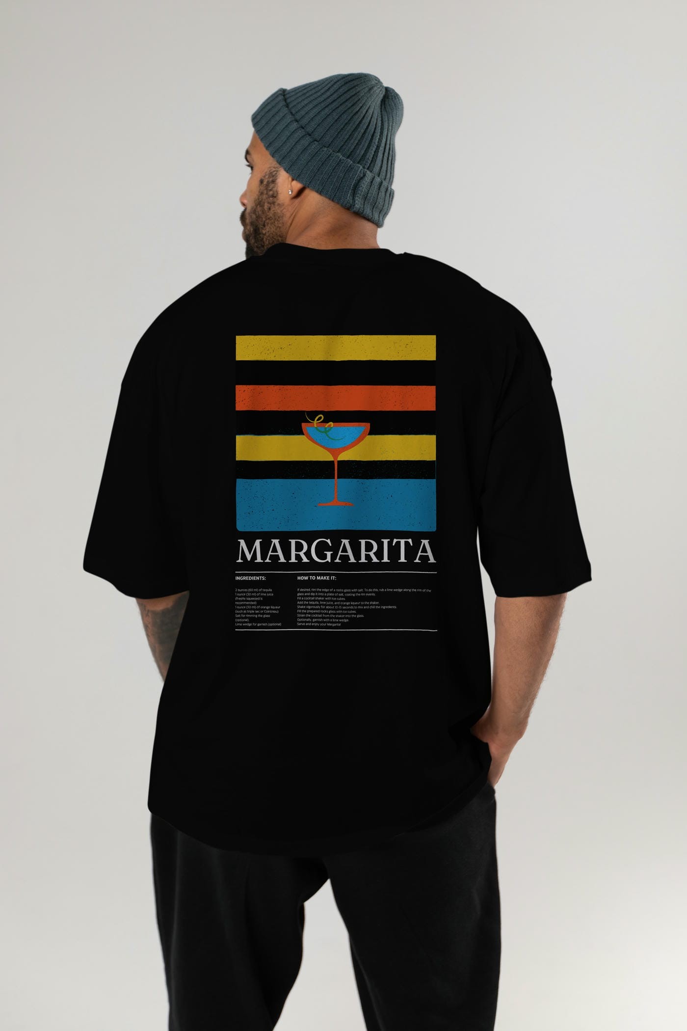 Margarita Kokteyl Serisi Arka Baskılı Oversize t-shirt Erkek Kadın %100 Pamuk Bisiklet Yaka tişort