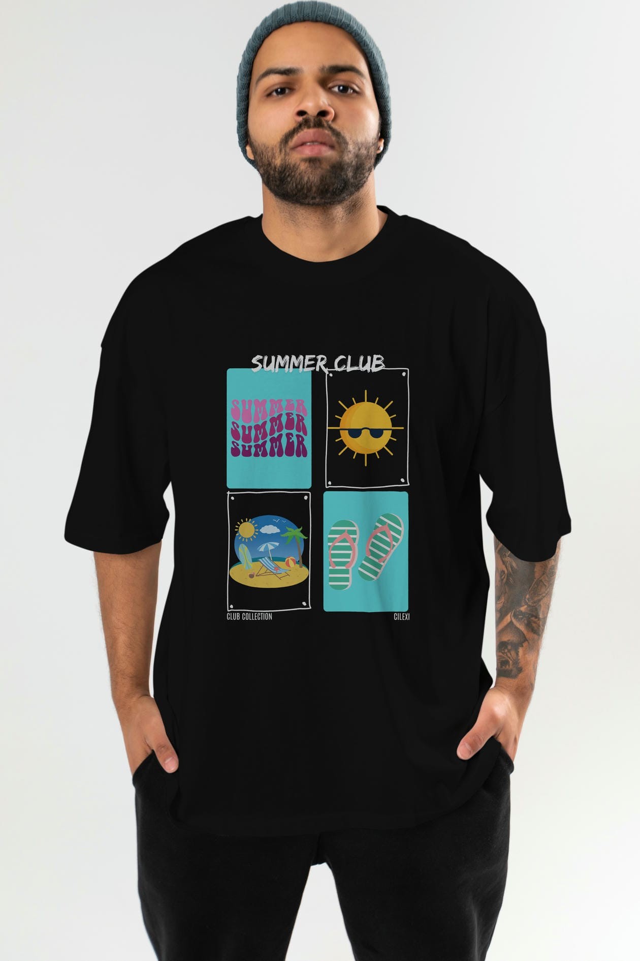 Summer Club ön Baskılı Oversize t-shirt Erkek Kadın %100 Pamuk Bisiklet Yaka tişort