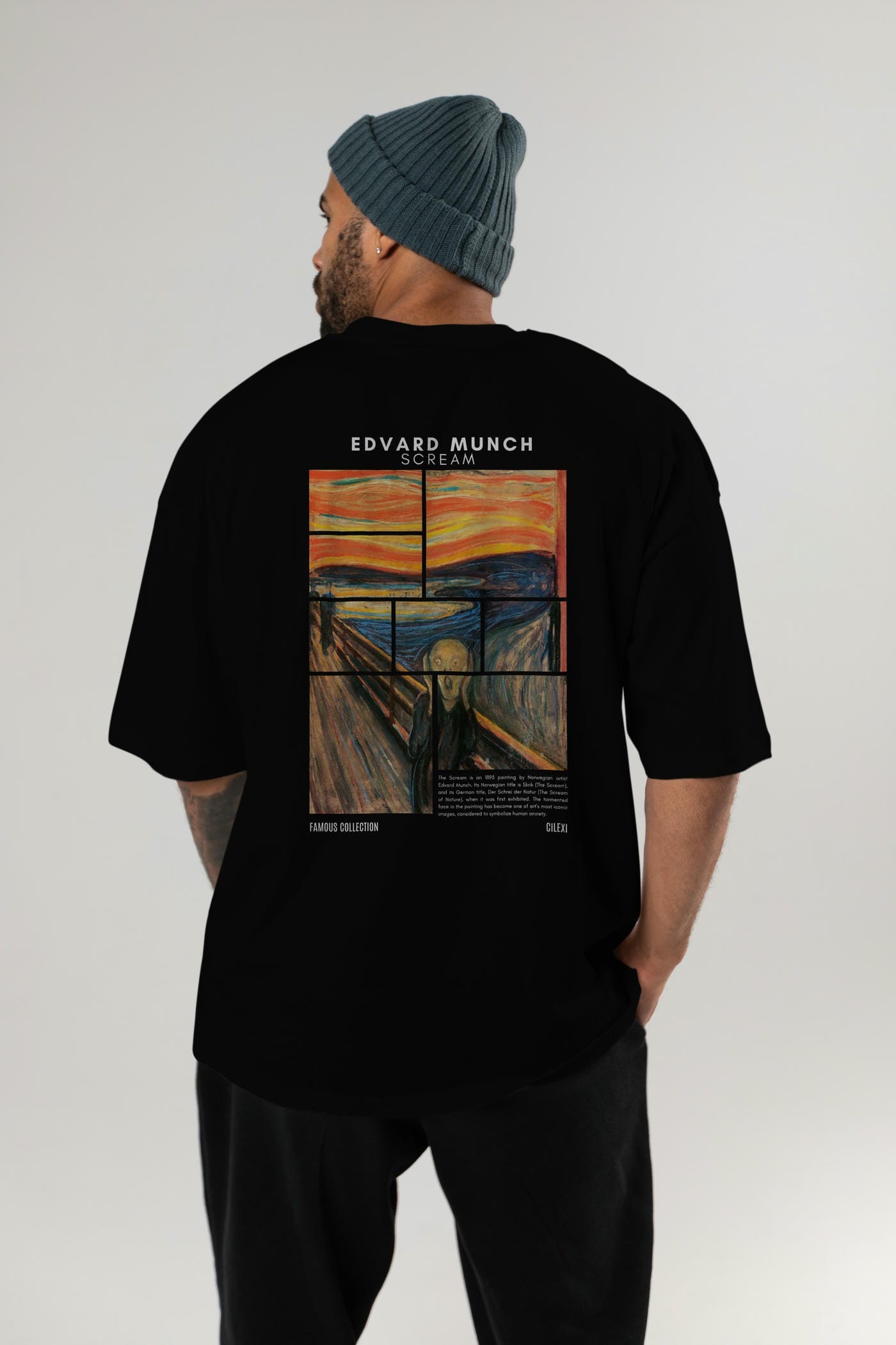 Edvard Munch Scream Arka Baskılı Oversize t-shirt Erkek Kadın Bisiklet Yaka Pamuk tişort