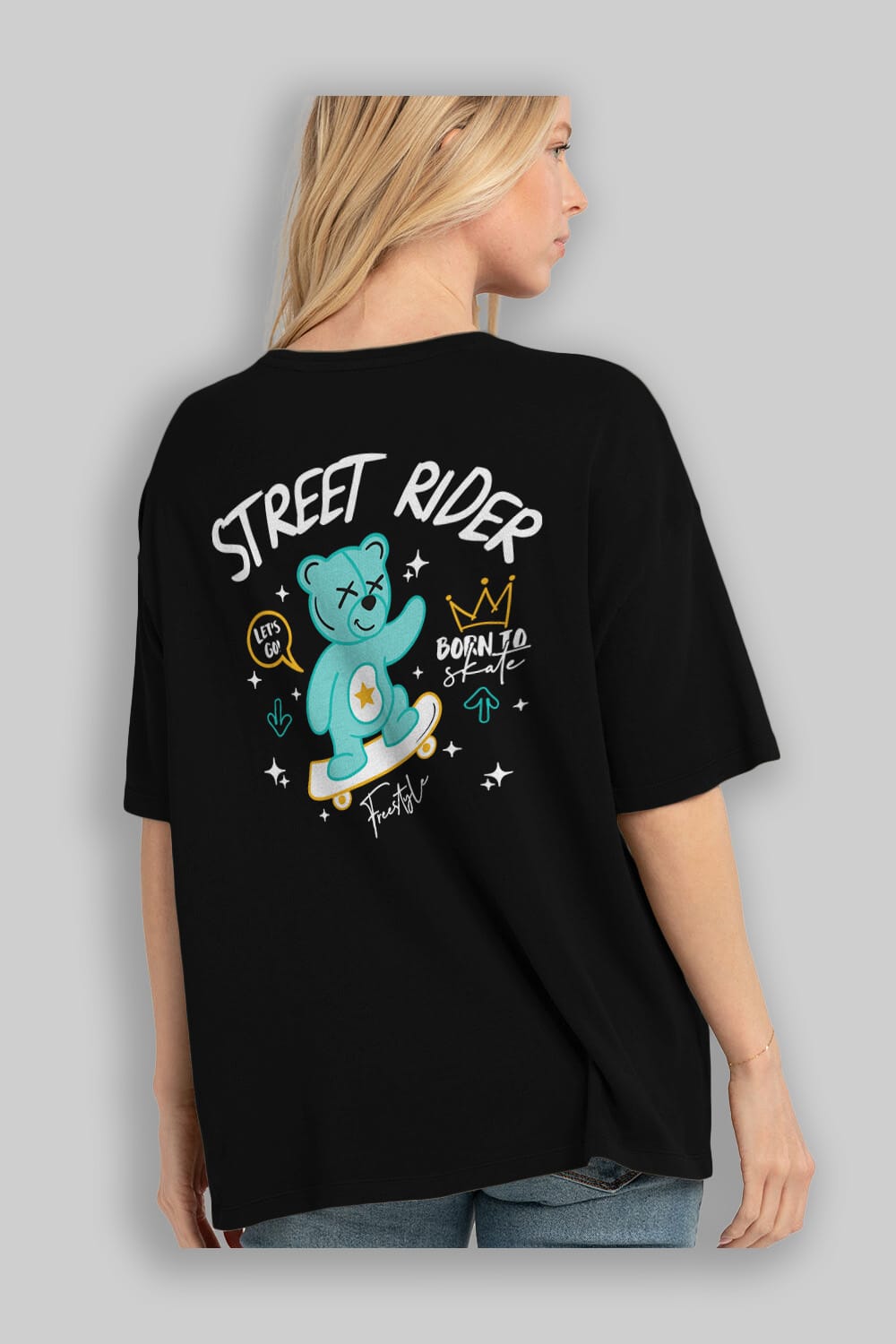 Street Rider Bear Arka Baskılı Oversize t-shirt Erkek Kadın Unisex