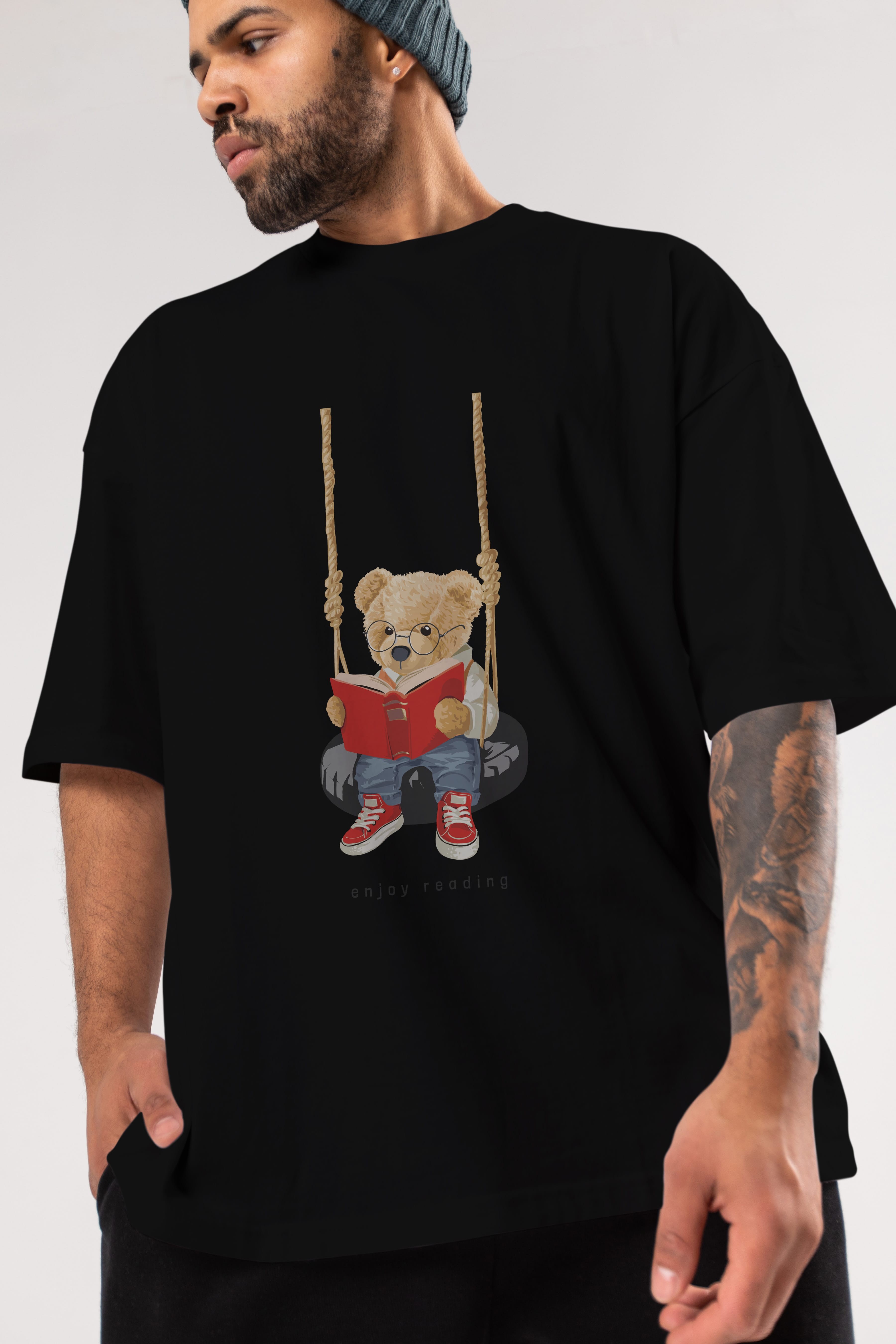 Teddy Bear Enjoy Reading Ön Baskılı Oversize t-shirt Erkek Kadın Unisex %100 Pamuk
