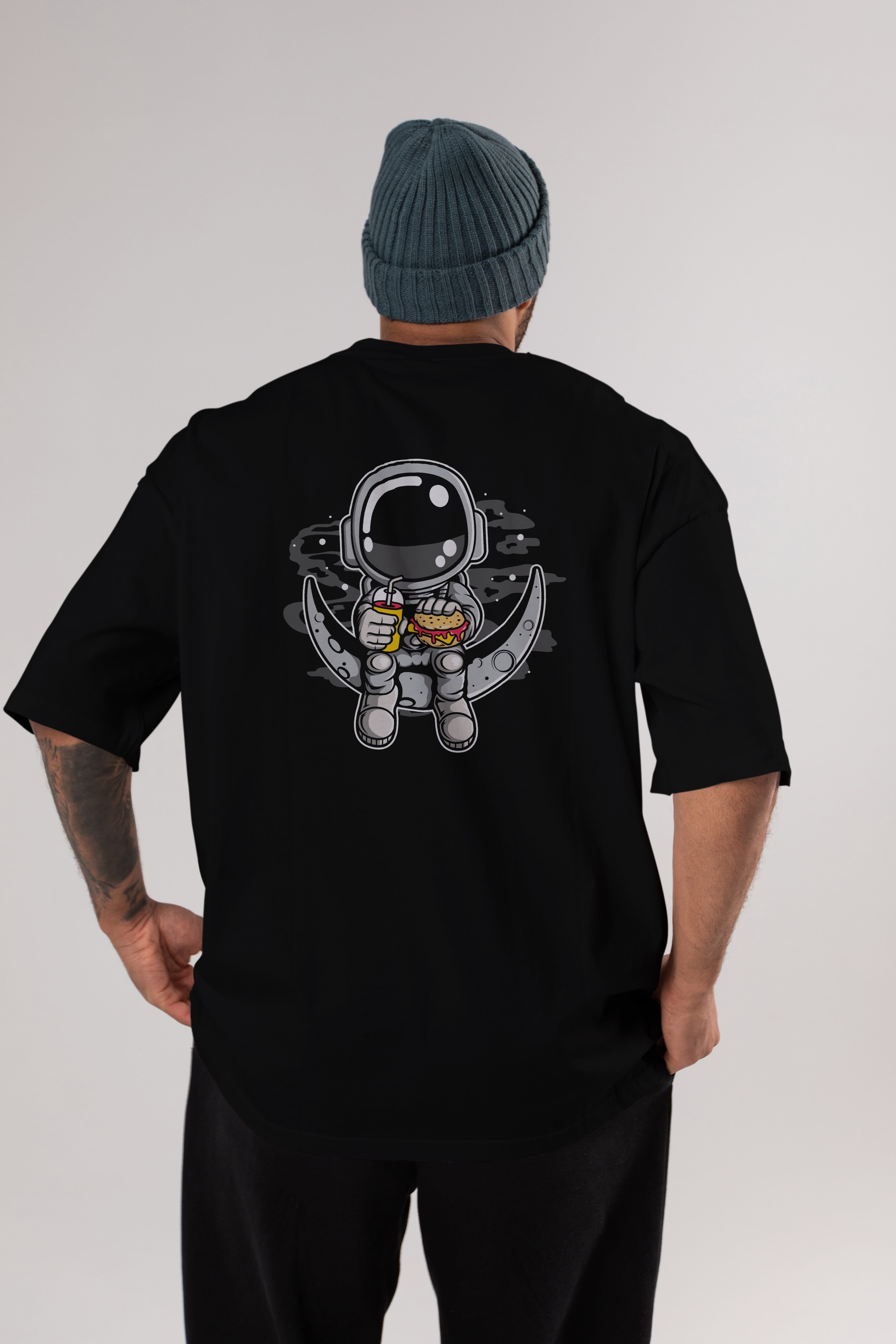 Astronaut Crescent Arka Baskılı Oversize t-shirt Erkek Kadın Unisex