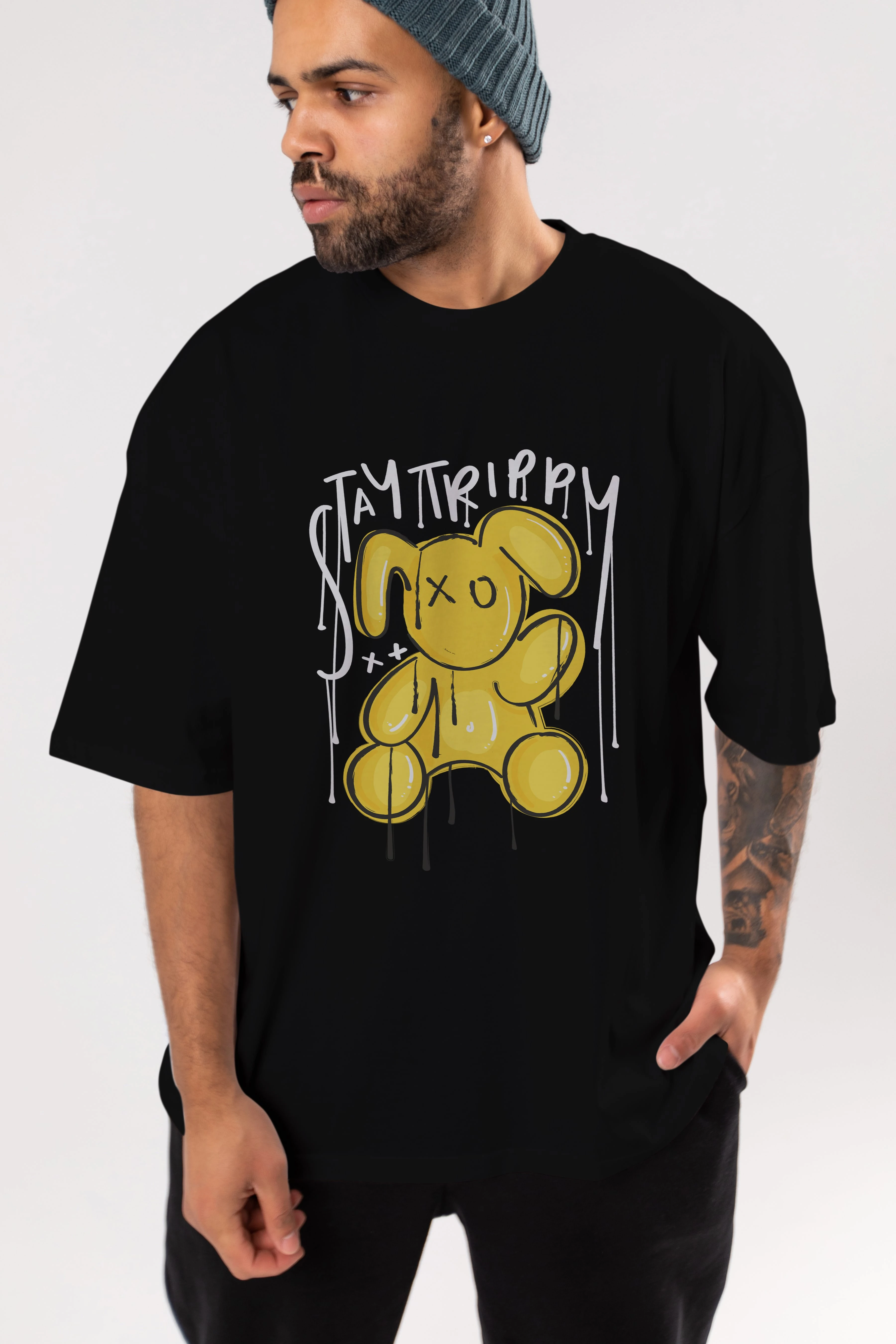 Stay Trippy Bear Ön Baskılı Oversize t-shirt Erkek Kadın Unisex