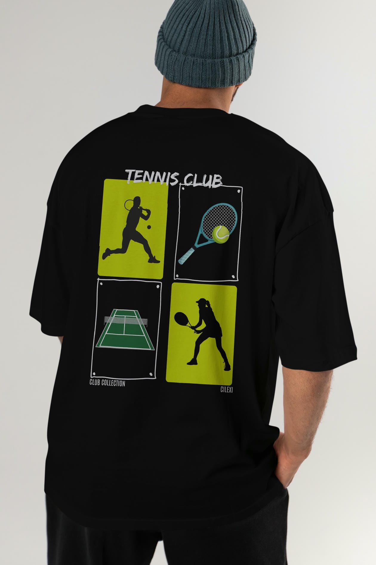 Tennis Club Arka Baskılı Oversize t-shirt Erkek Kadın %100 Pamuk Bisiklet Yaka tişort