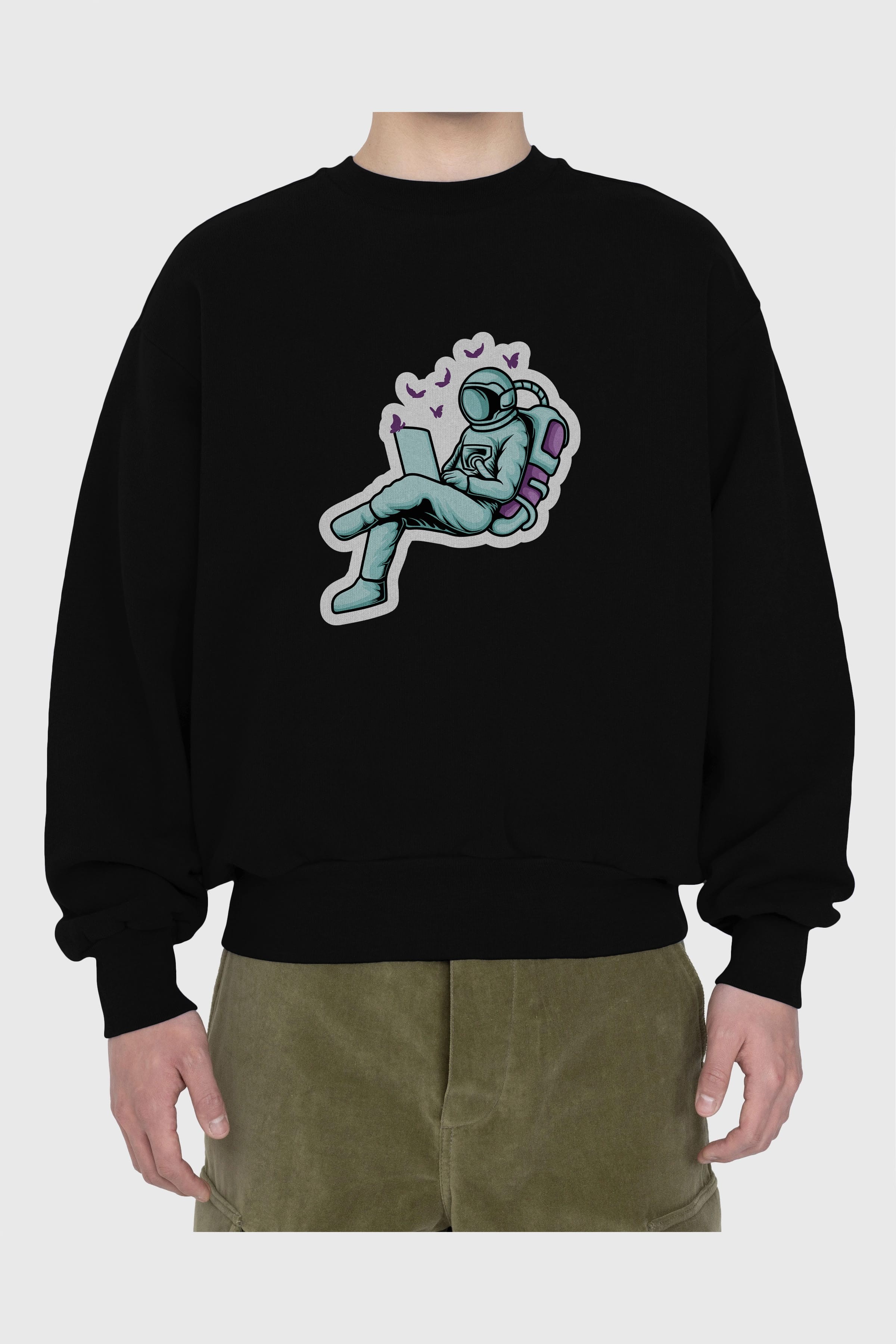 Work with Butterflies in Space Sticker Ön Baskılı Oversize Sweatshirt Erkek Kadın Unisex