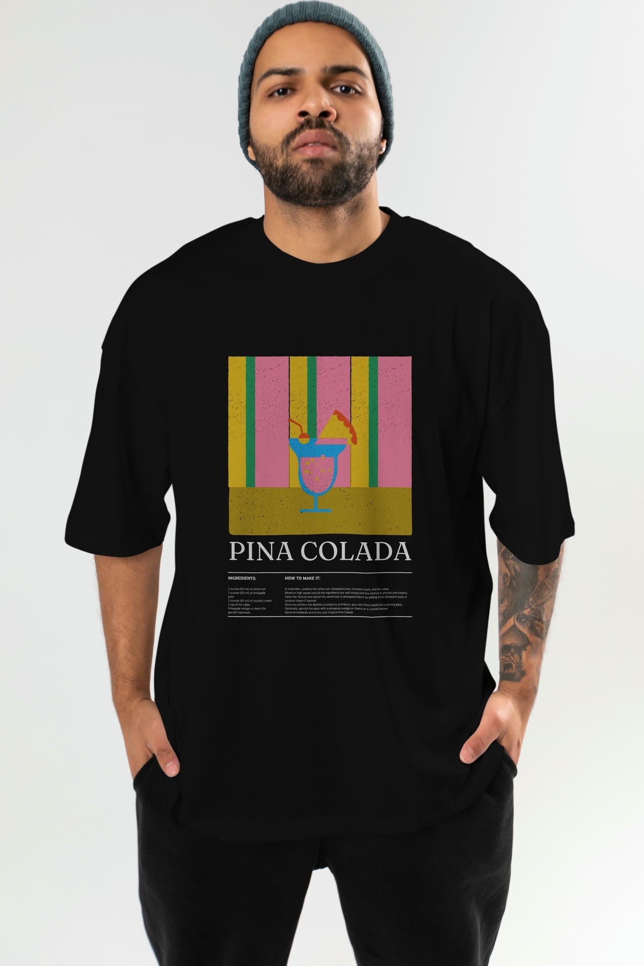 Pina Colada Kokteyl Ön Baskılı Oversize t-shirt Erkek Kadın %100 Pamuk Bisiklet Yaka tişort