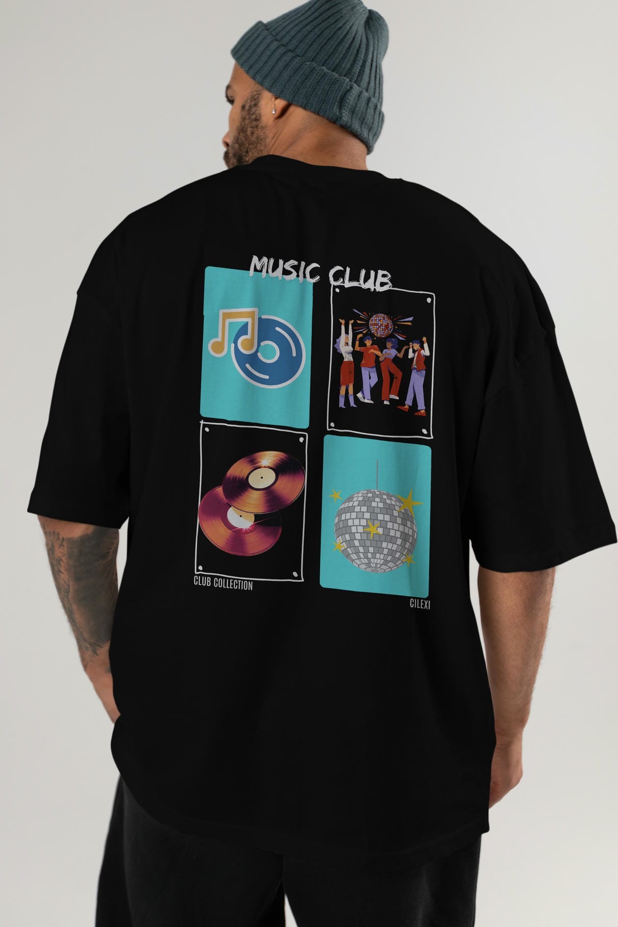 Music Club Arka Baskılı Oversize t-shirt Erkek Kadın %100 Pamuk Bisiklet Yaka tişort