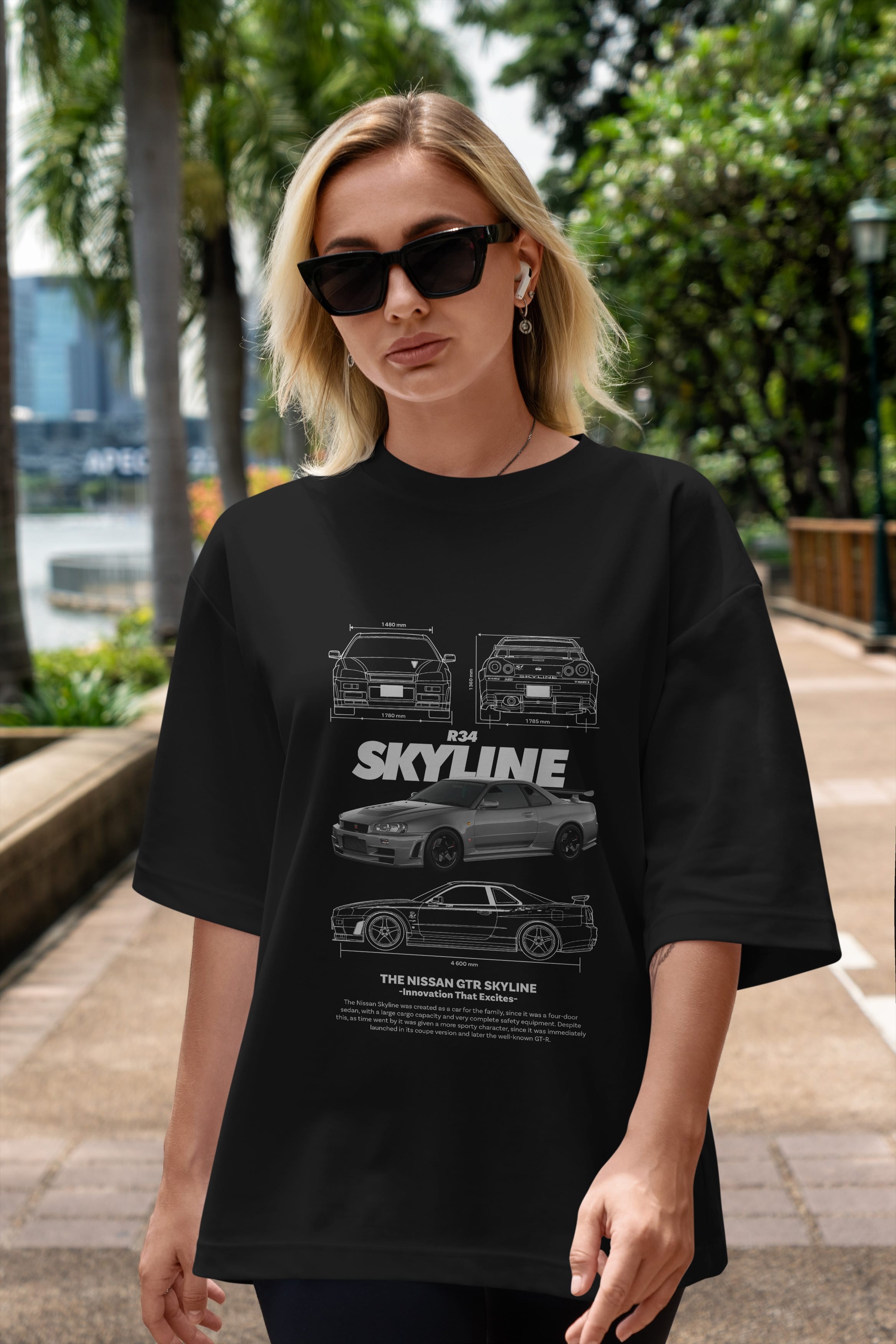 NISSAN GTR SKYLINE R34 Ön Baskılı Oversize t-shirt Erkek Kadın Unisex %100 Pamuk Bisiklet Yaka tişort