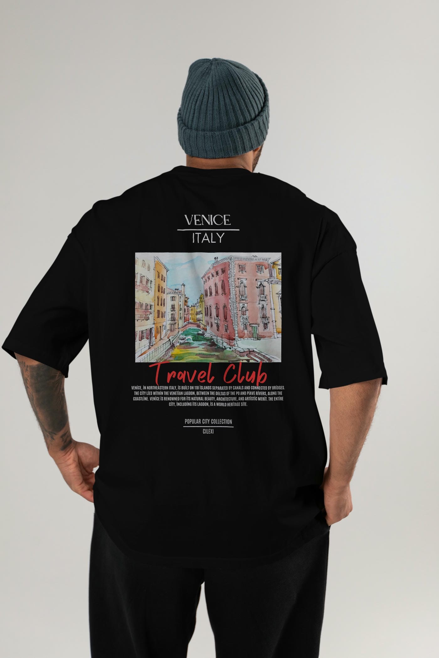 Venice İtaly Arka Baskılı Oversize t-shirt Erkek Kadın Pamuk Bisiklet Yaka tişort