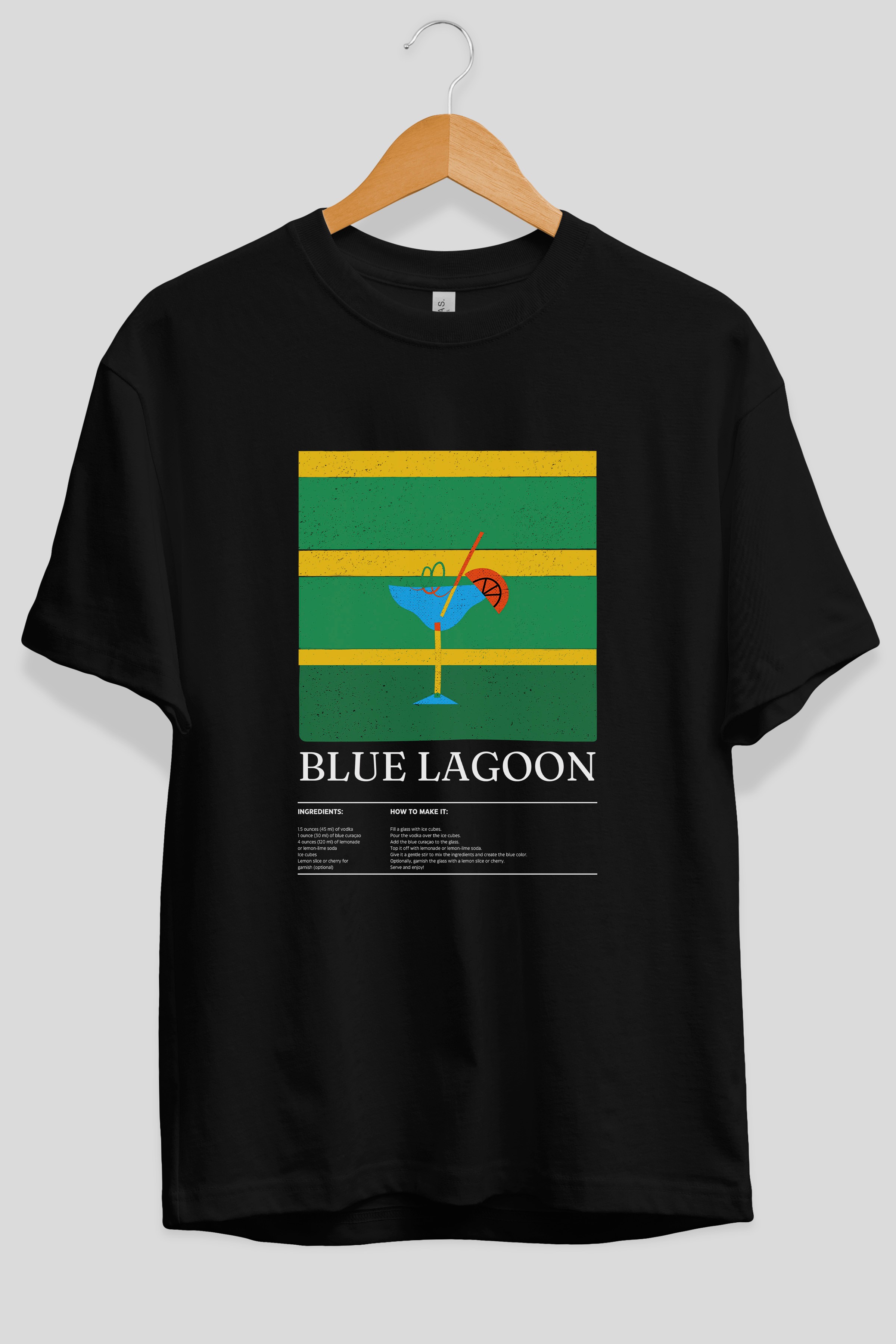 Blue Lagoon Kokteyl Ön Baskılı Oversize t-shirt Erkek Kadın %100 Pamuk Bisiklet Yaka tişort
