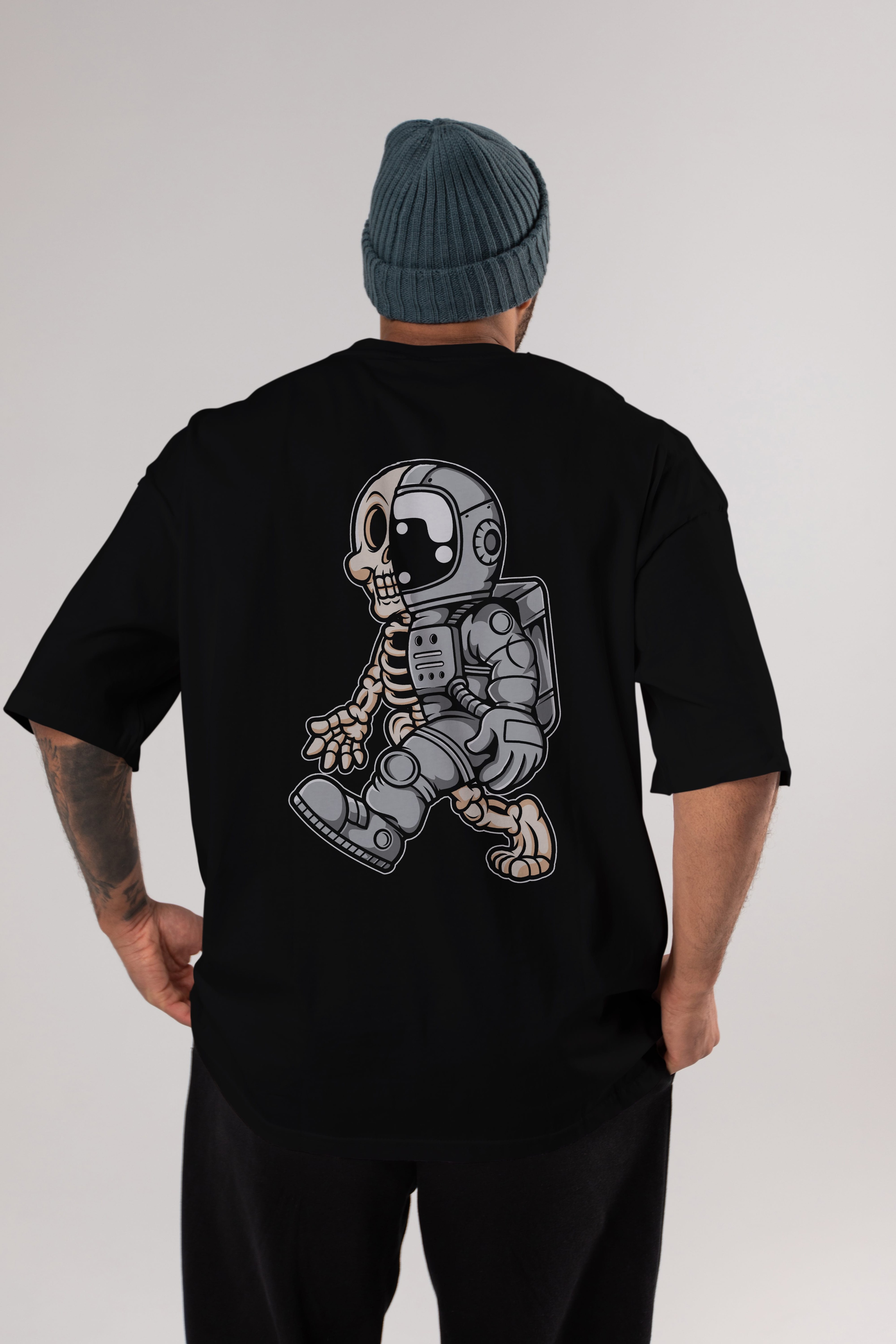 Astronaut Half Skull Arka Baskılı Oversize t-shirt Erkek Kadın Unisex