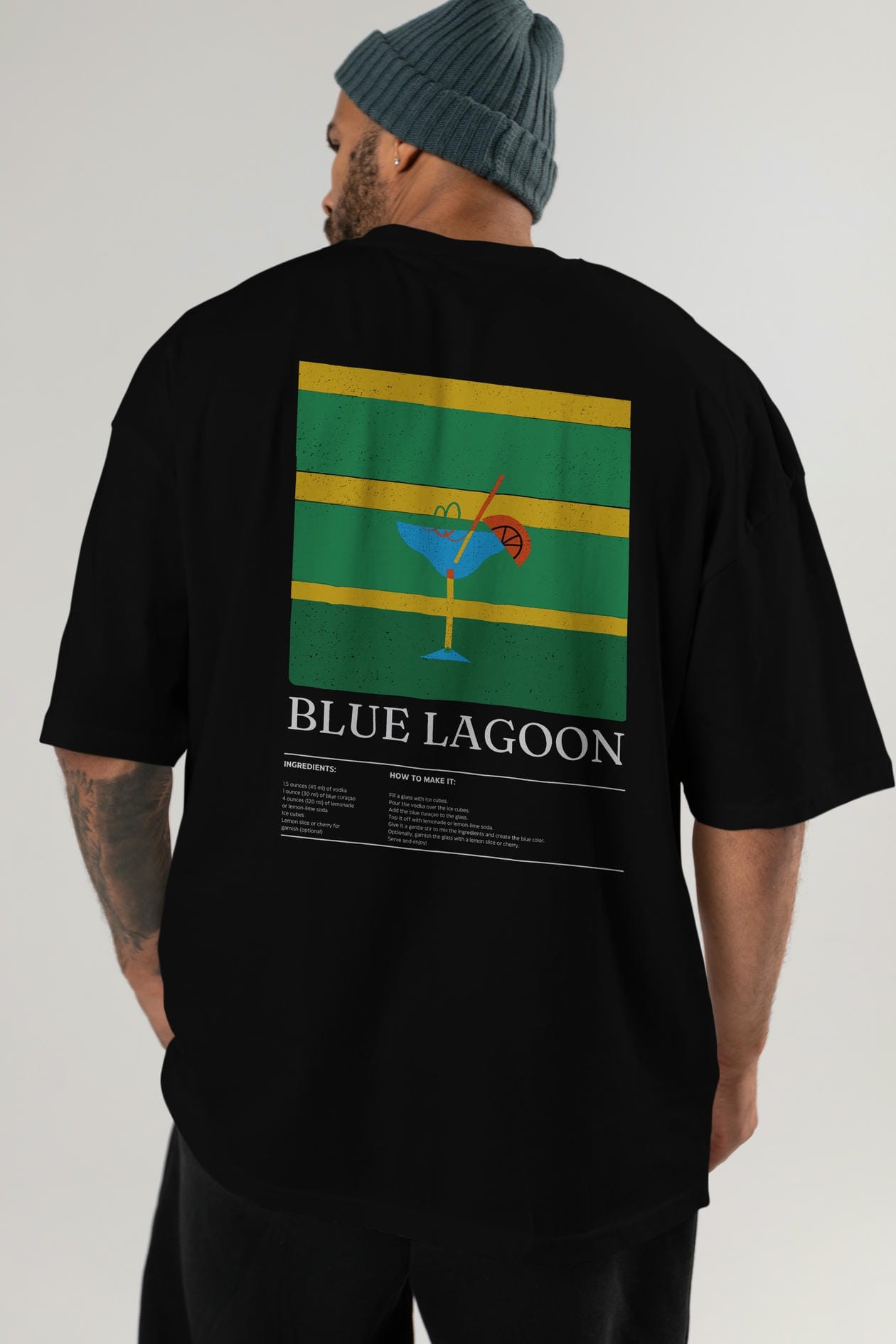 Blue Lagoon Kokteyl Serisi Arka Baskılı Oversize t-shirt Erkek Kadın %100 Pamuk Bisiklet Yaka tişort