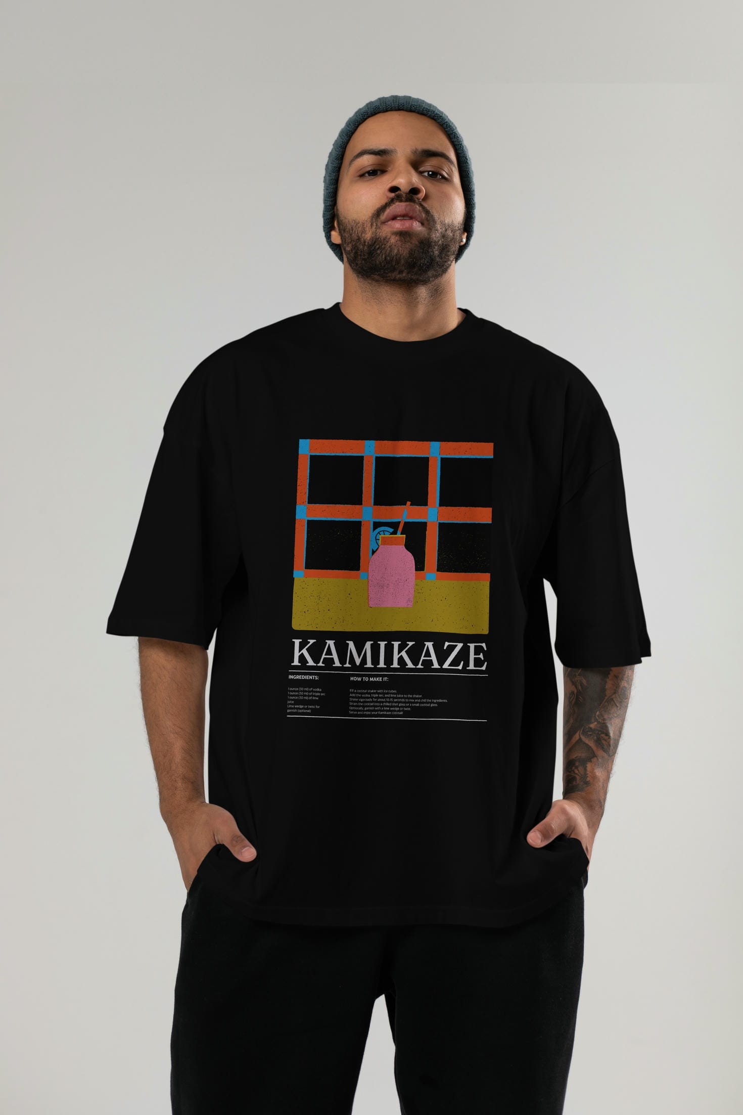 Kamikaze Kokteyl Ön Baskılı Oversize t-shirt Erkek Kadın %100 Pamuk Bisiklet Yaka tişort