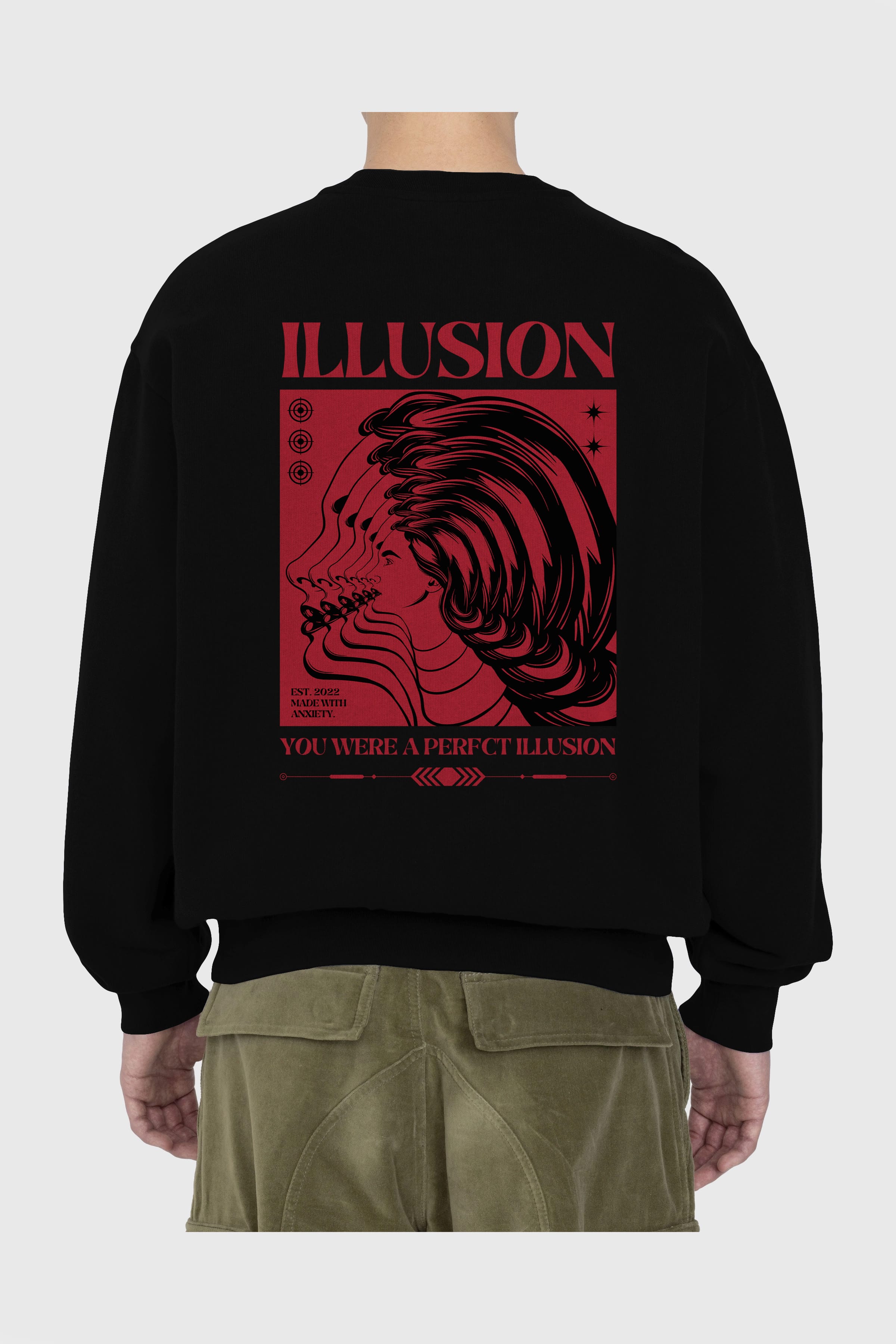 Illusion Streetwear Arka Baskılı Oversize Sweatshirt Erkek Kadın Unisex