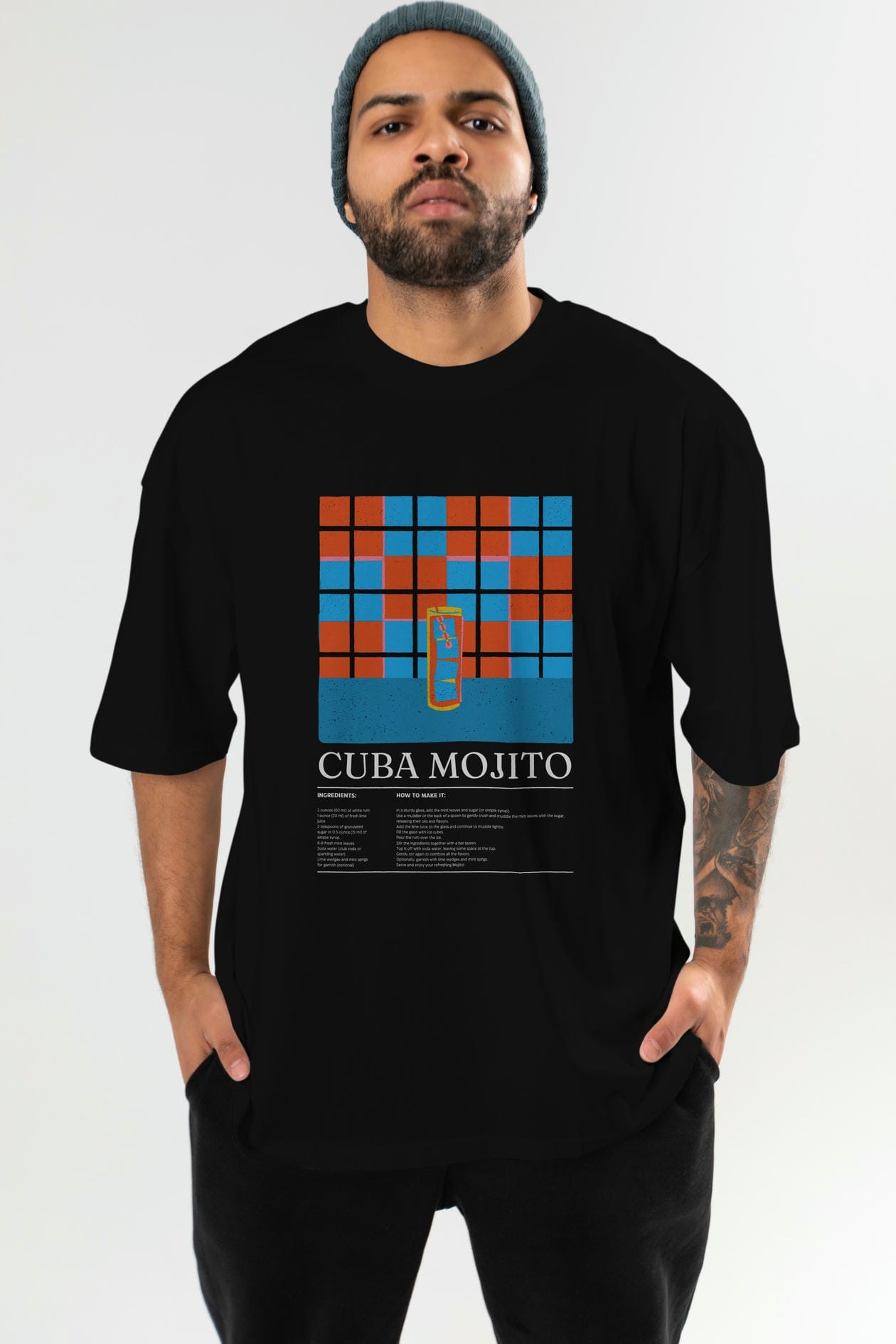 Cuba Mojito Kokteyl Ön Baskılı Oversize t-shirt Erkek Kadın %100 Pamuk Bisiklet Yaka tişort